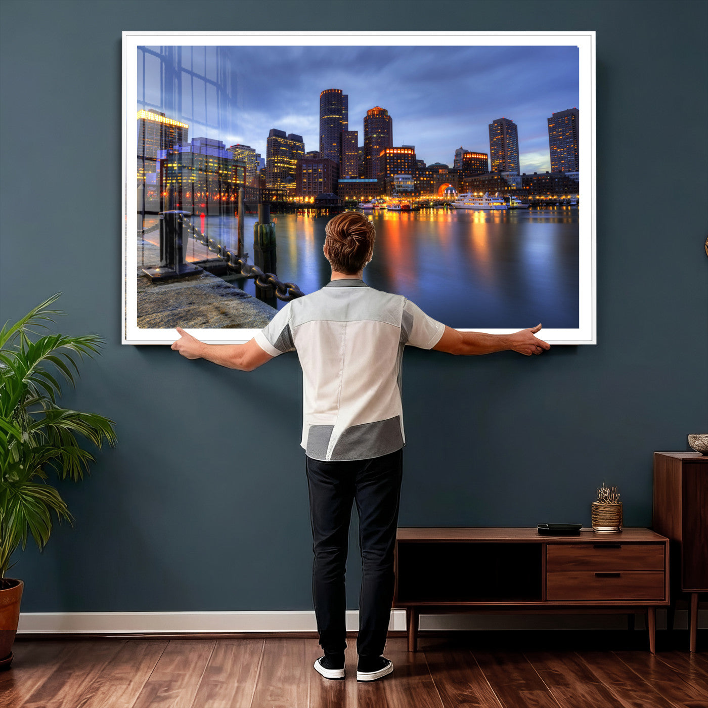 82439622-MGV-CV-36X24 - Boston Wall Art Canvas Print, Boston City Downtown Night Cityscape Print for Modern Urban Wall Decor