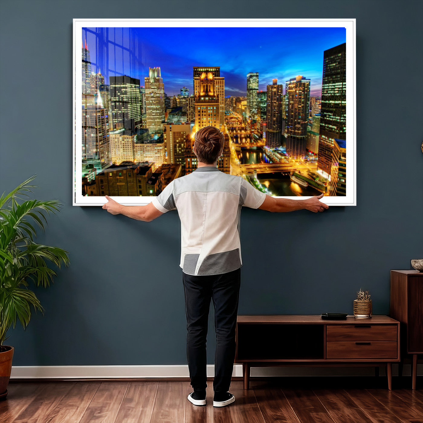 46298885-MGV-CV-36X24 - Chicago Wall Art Canvas Print, Chicago City Downtown Night Cityscape Print for Modern Urban Wall Decor