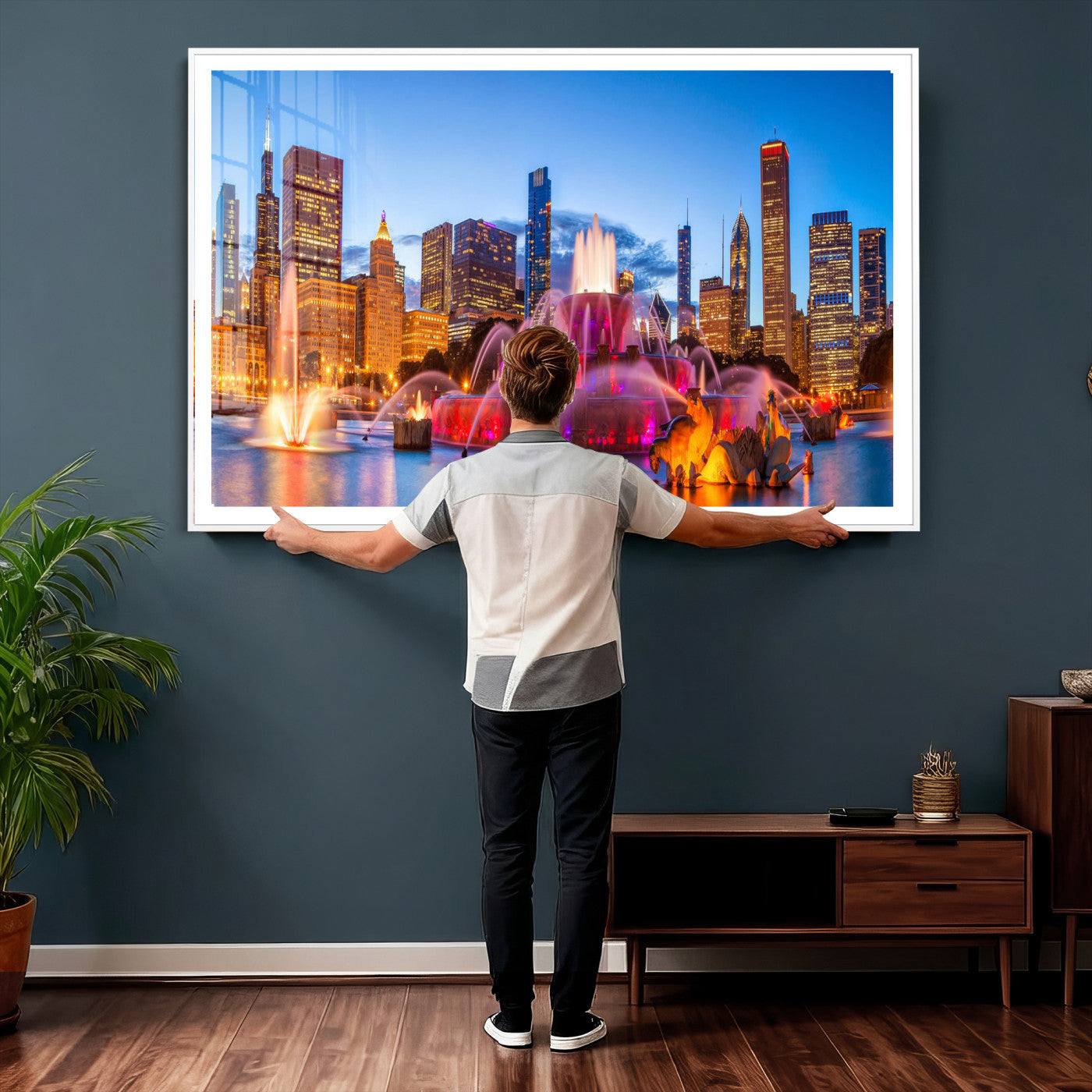 20251989-MGV-CV-36X24 - Chicago Wall Art Canvas Print, Chicago City Downtown Night Cityscape Print for Modern Urban Wall Decor
