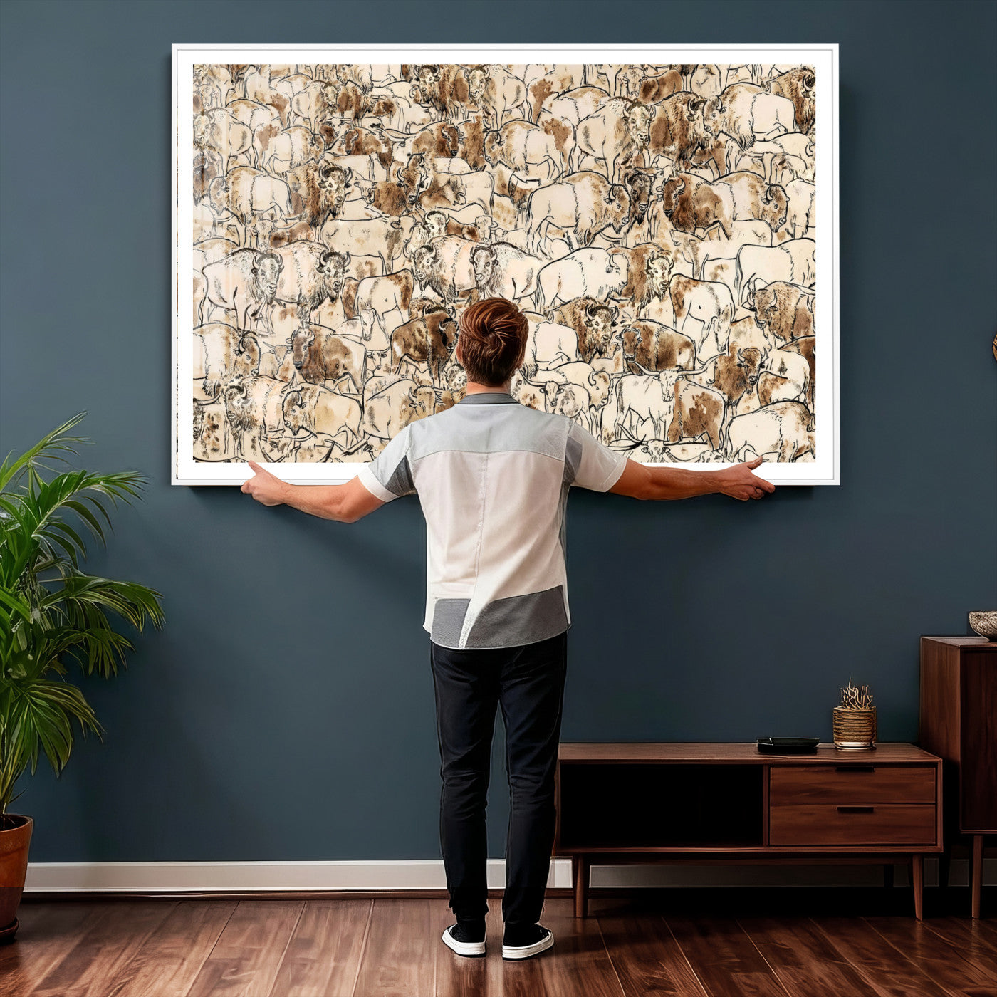 50142019-MGV-CV-36X24 - Farmhouse Animals Wall Art Canvas Print - Abstract Farm Animal Drawing Mid-Century Wall Art for Cabin Decor