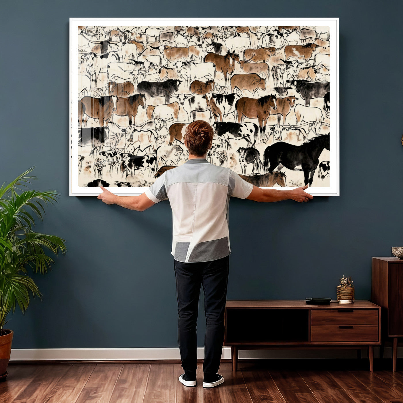 86150485-MGV-CV-36X24 - Farmhouse Animals Wall Art Canvas Print - Abstract Farm Animal Drawing Mid-Century Wall Art for Cabin Decor