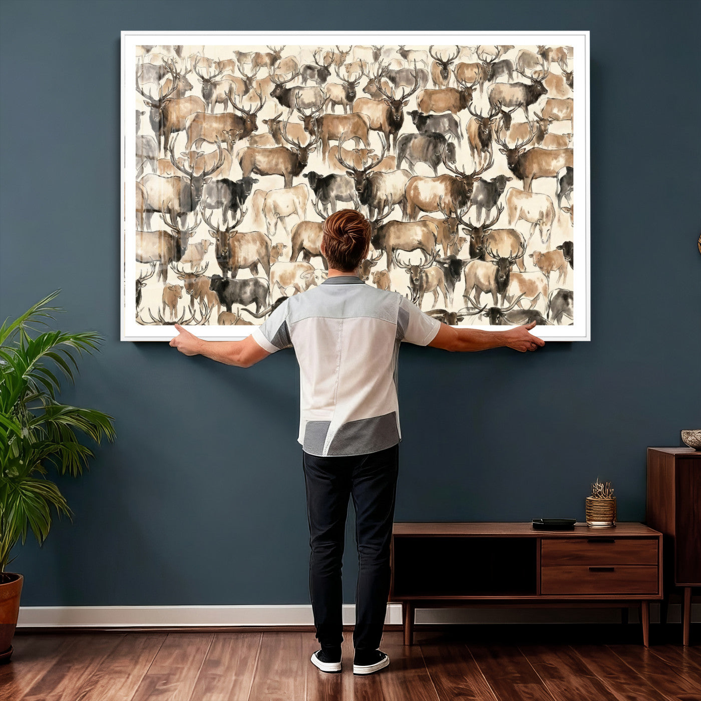 24374881-MGV-CV-36X24 - Farmhouse Animals Wall Art Canvas Print - Abstract Farm Animal Drawing Mid-Century Wall Art for Cabin Decor