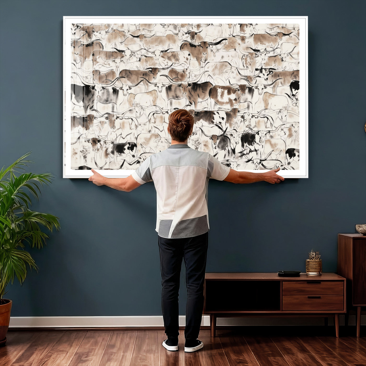 66685375-MGV-CV-36X24 - Farmhouse Animals Wall Art Canvas Print - Abstract Farm Animal Drawing Mid-Century Wall Art for Cabin Decor