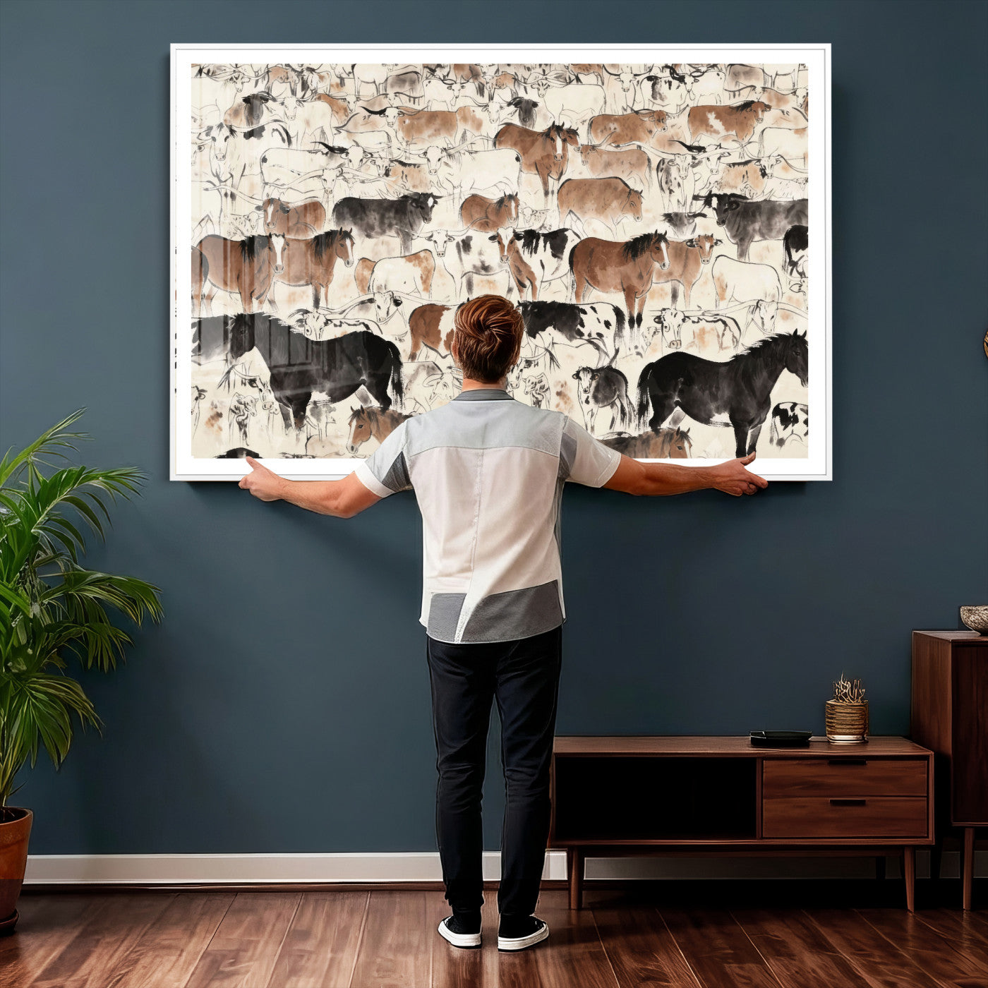74171578-MGV-CV-36X24 - Farmhouse Animals Wall Art Canvas Print - Abstract Farm Animal Drawing Mid-Century Wall Art for Cabin Decor