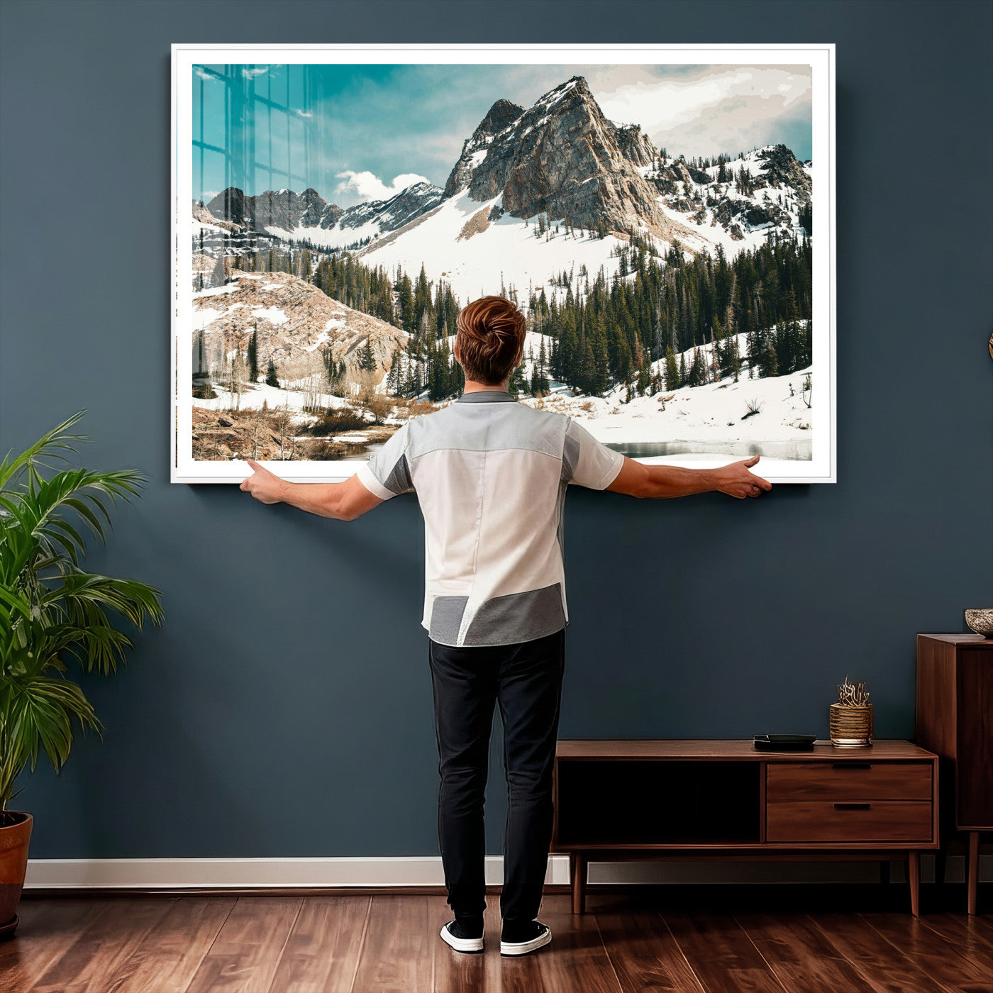 56837070-MGV-CV-36X24 - Snowy Mountain Landscape Wall Art Canvas Print, Alpine Pine Forest Winter Nature Wall Decor for Living Room and Office