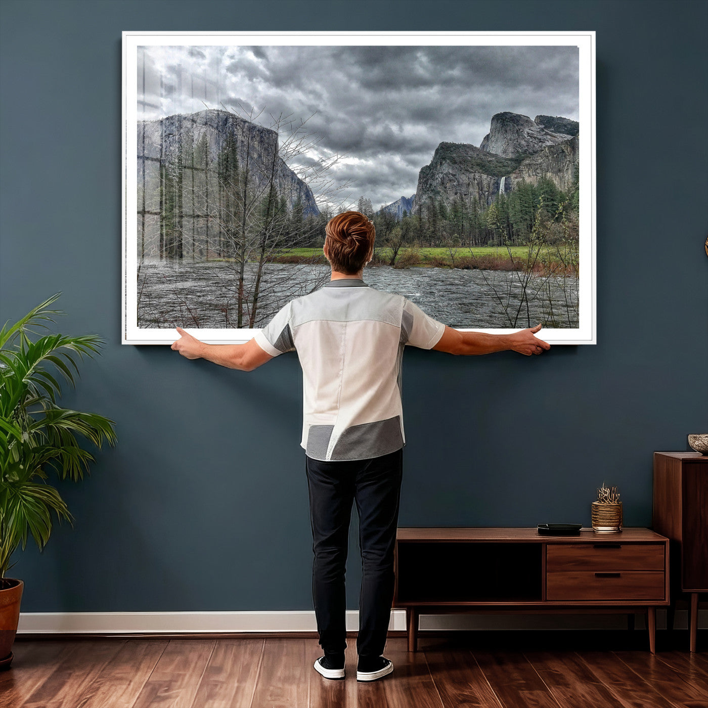 75582552-MGV-CV-36X24 - Yosemite Valley River Landscape Wall Art Canvas Print, Granite Cliffs Forest River Canvas Print, California National Park Moody Scenic Art Printi
