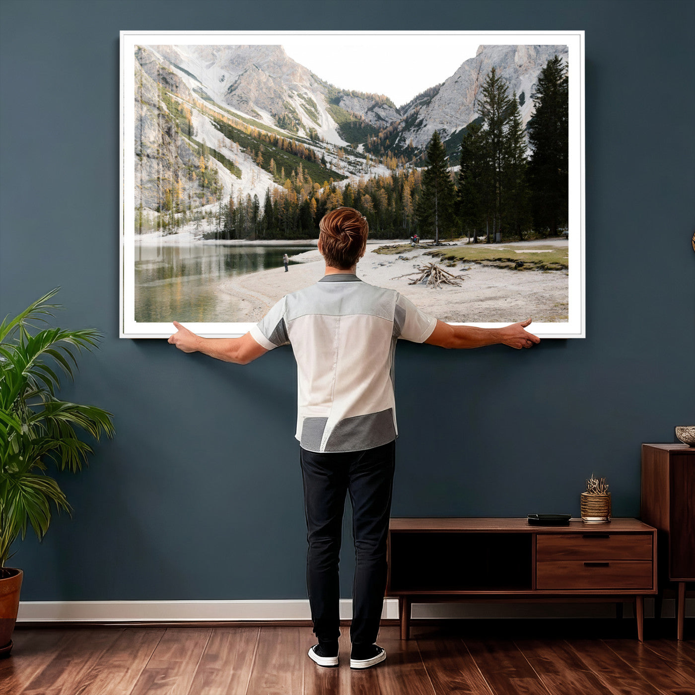89246758-MGV-CV-36X24 - Lake Braies Alpine Landscape Wall Art Canvas Print, Dolomites Mountain Lake Forest Canvas Print, Italian Alps Scenic Nature Art Printing