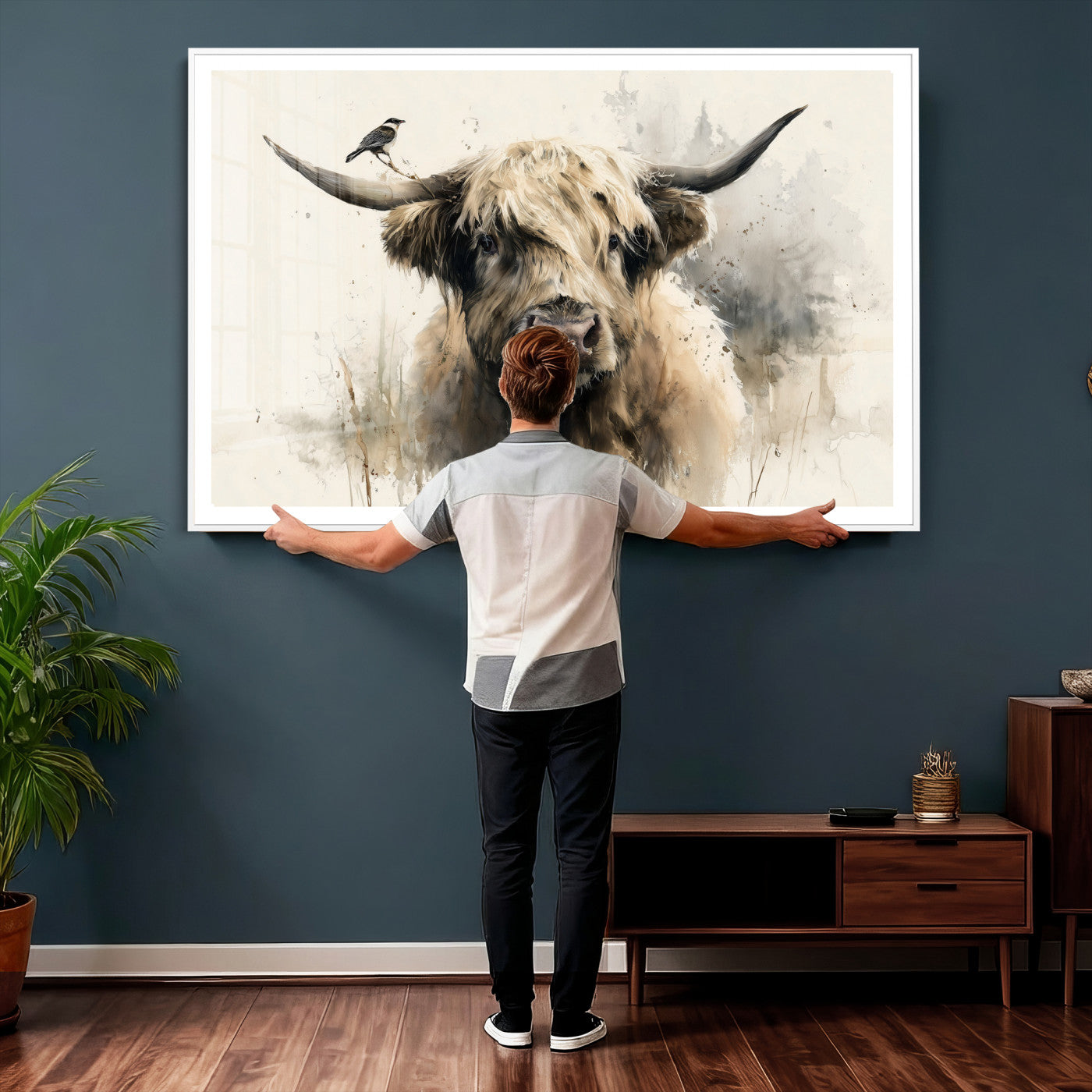 98249290-MGV-CV-36X24 - Abstract Highland Cow Watercolor Animal Wall Art Canvas Print, Rustic Farm Cattle Portrait Canvas Print, Neutral Wildlife Farmhouse Art Printing