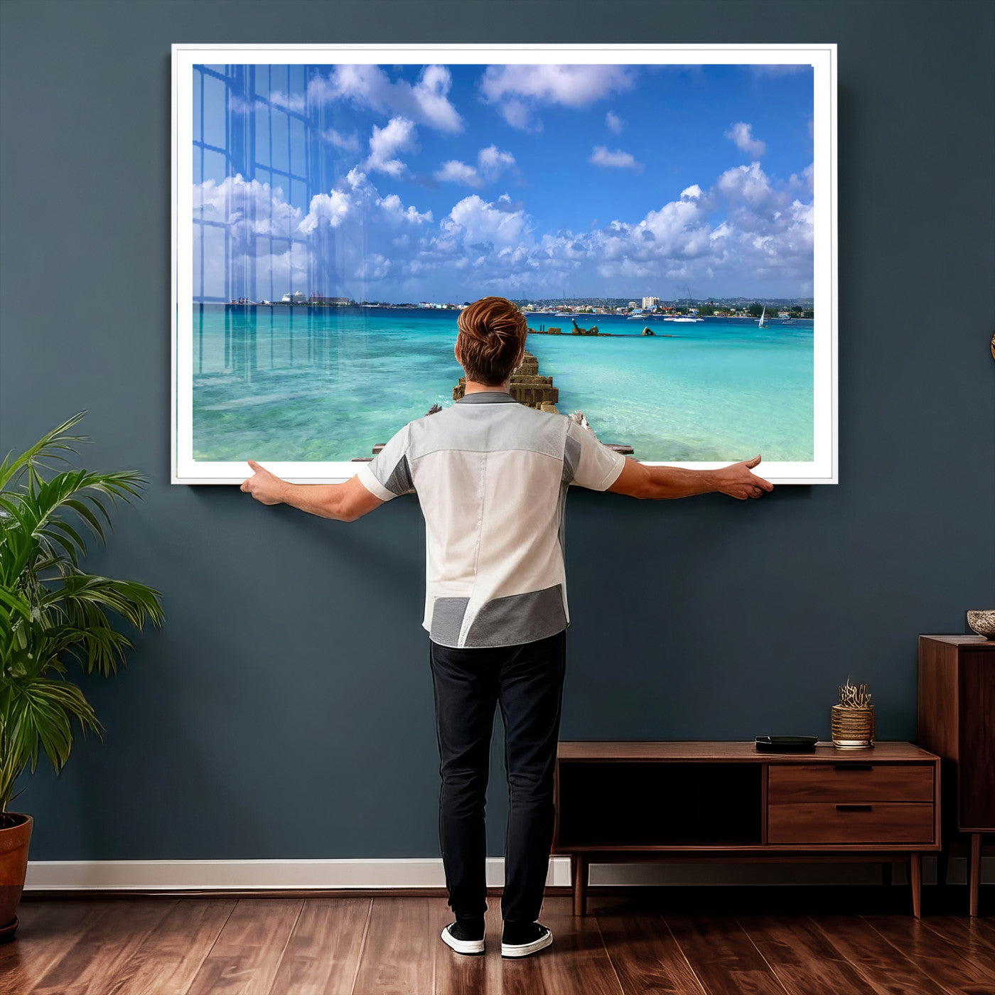 43165024-MGV-CV-36X24 - Caribbean Ocean Pier Seascape Wall Art Canvas Print, Turquoise Sea Tropical Harbor Canvas Print, Island Coastal Blue Water Scenic Art Printing