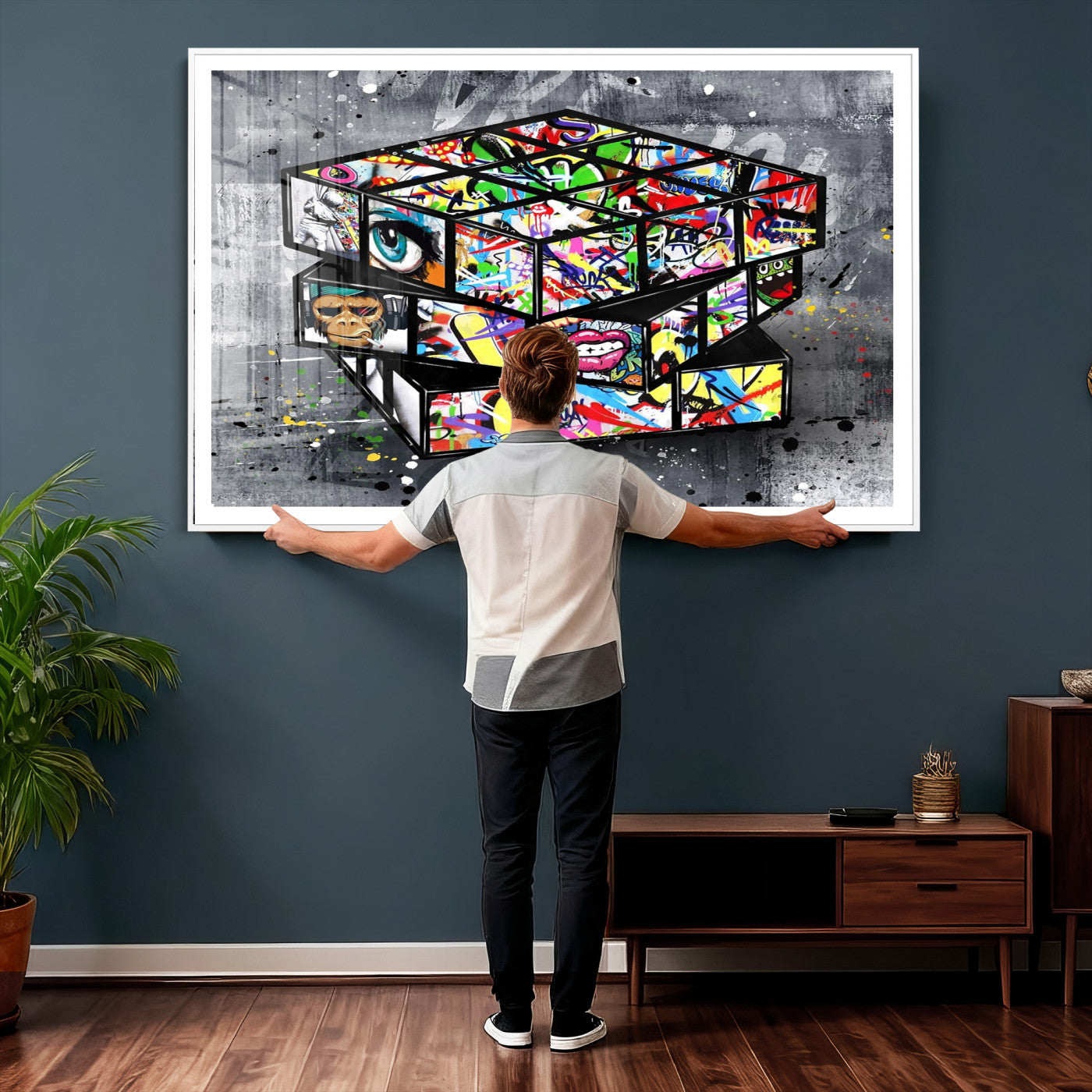 46789556-MGV-CV-36X24 - Graffiti Cube Abstract Street Art Wall Art Canvas Print, Colorful Urban Pop Art Geometric Canvas Print, Modern Street Art Contemporary Art Printing