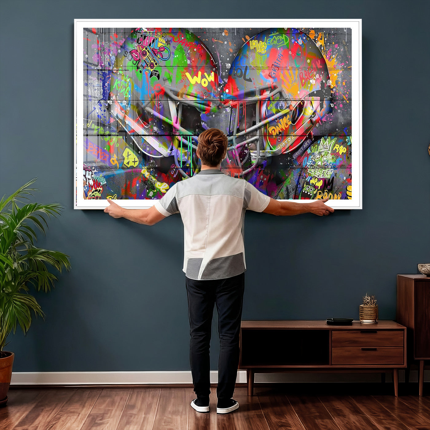 15309853-MGV-CV-36X24 - Graffiti Football Helmets Wall Art Canvas Print, Urban Street Art Sports Decor, Colorful American Football Graffiti Artwork