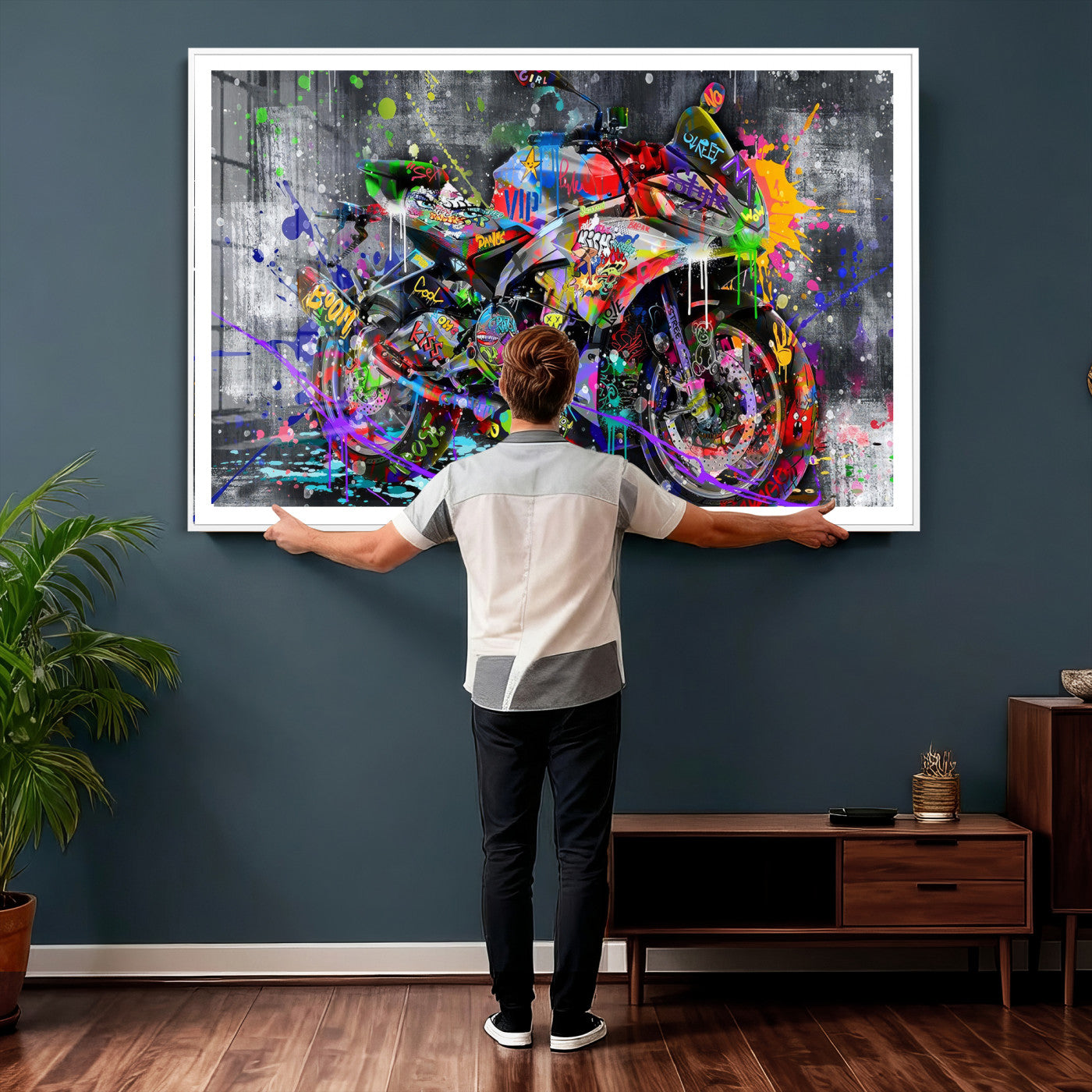 83021767-MGV-CV-36X24 - Graffiti Motorcycle Wall Art Canvas Print, Urban Street Art Motorbike Decor, Colorful Graffiti Sports Bike Artwork