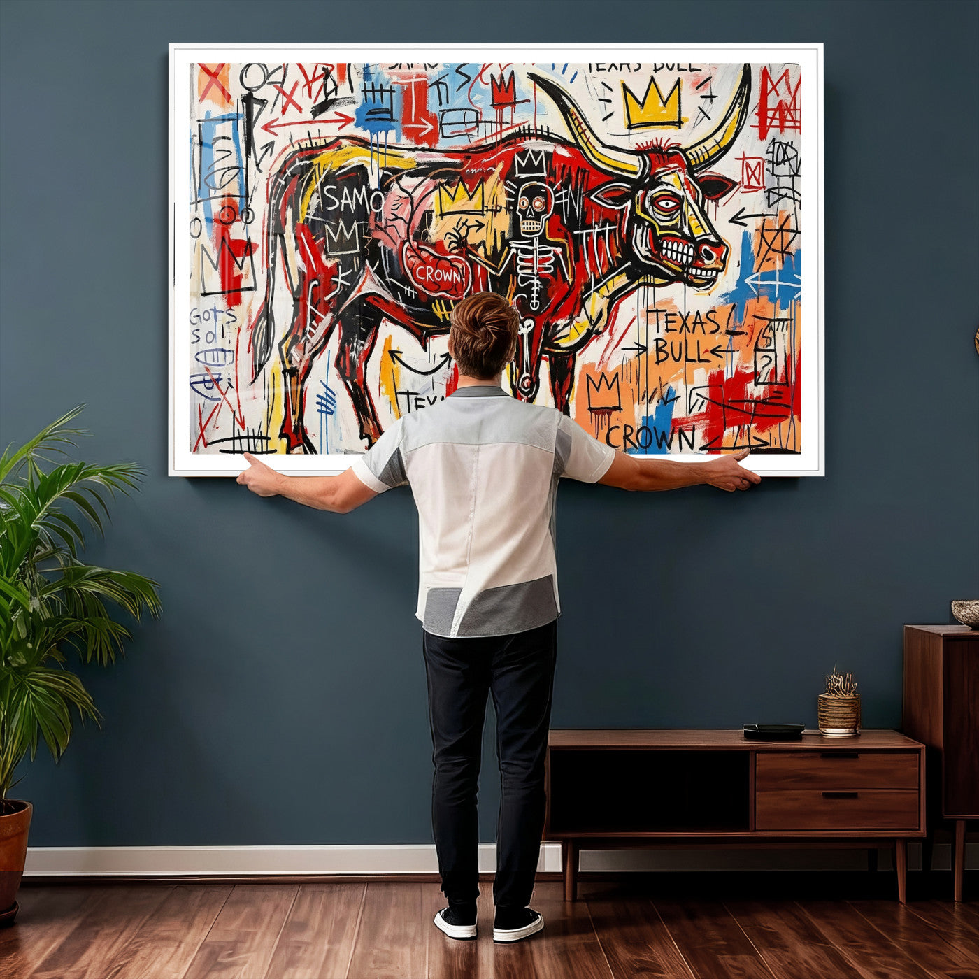 89504579-MGV-CV-36X24 - TITLE: Texas Bull Wall Art Canvas Print, Abstract Graffiti Bull Painting, Western Animal Art, Modern Ranch Decor