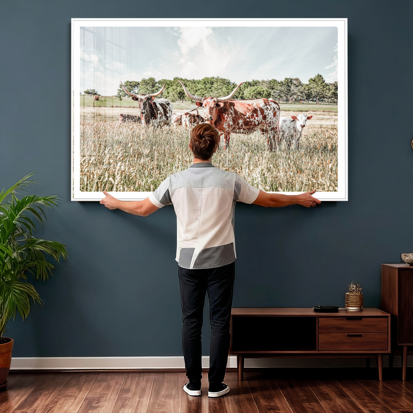 33963645-MGV-CV-36X24 - Texas Longhorn Cattle Wall Art Canvas Print, Western Ranch Landscape Nature Wall Decor for Living Room and Office