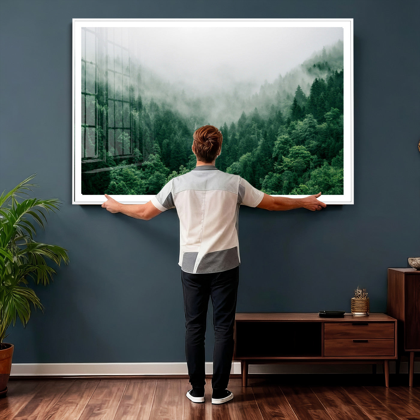 61640815-MGV-CV-36X24 - Misty Pine Forest Wall Art Canvas Print, Foggy Evergreen Landscape Wall Decor, Moody Green Nature Artwork, Minimal Forest Canvas Wall Art, Framed Canvas Wall Art Ready to Hang