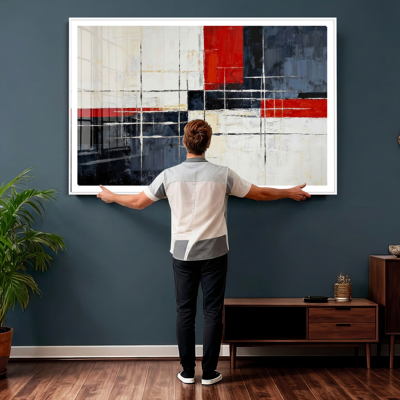 11921181-MGV-CV-36X24 - Navy Red Abstract Wall Art Canvas Print, Modern Luxury Geometric Painting Wall Decor for Living Room and Office
