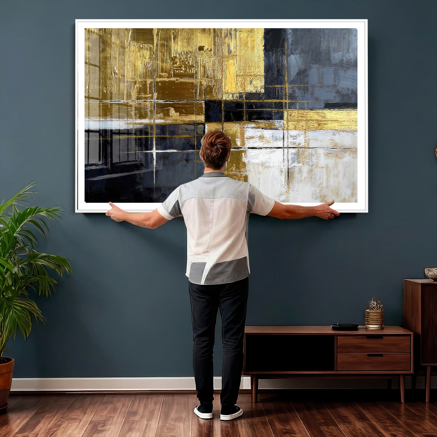 76917030-MGV-CV-36X24 - Gold Navy Abstract Wall Art Canvas Print, Modern Luxury Geometric Painting Wall Decor for Living Room and Office