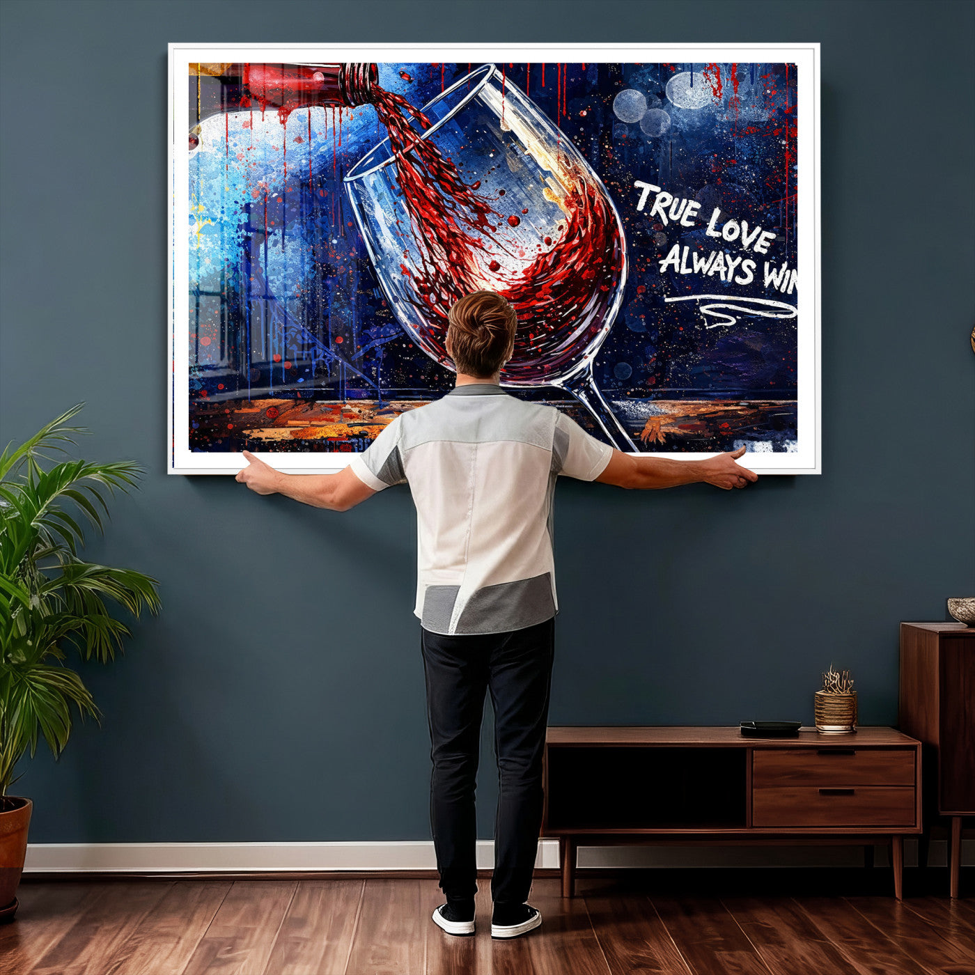 88788932-MGV-CV-36X24 - Red Wine Splash Abstract Wall Art Canvas Print, Modern Wine Glass Painting Canvas Print, Romantic Quote Contemporary Bar Art Print