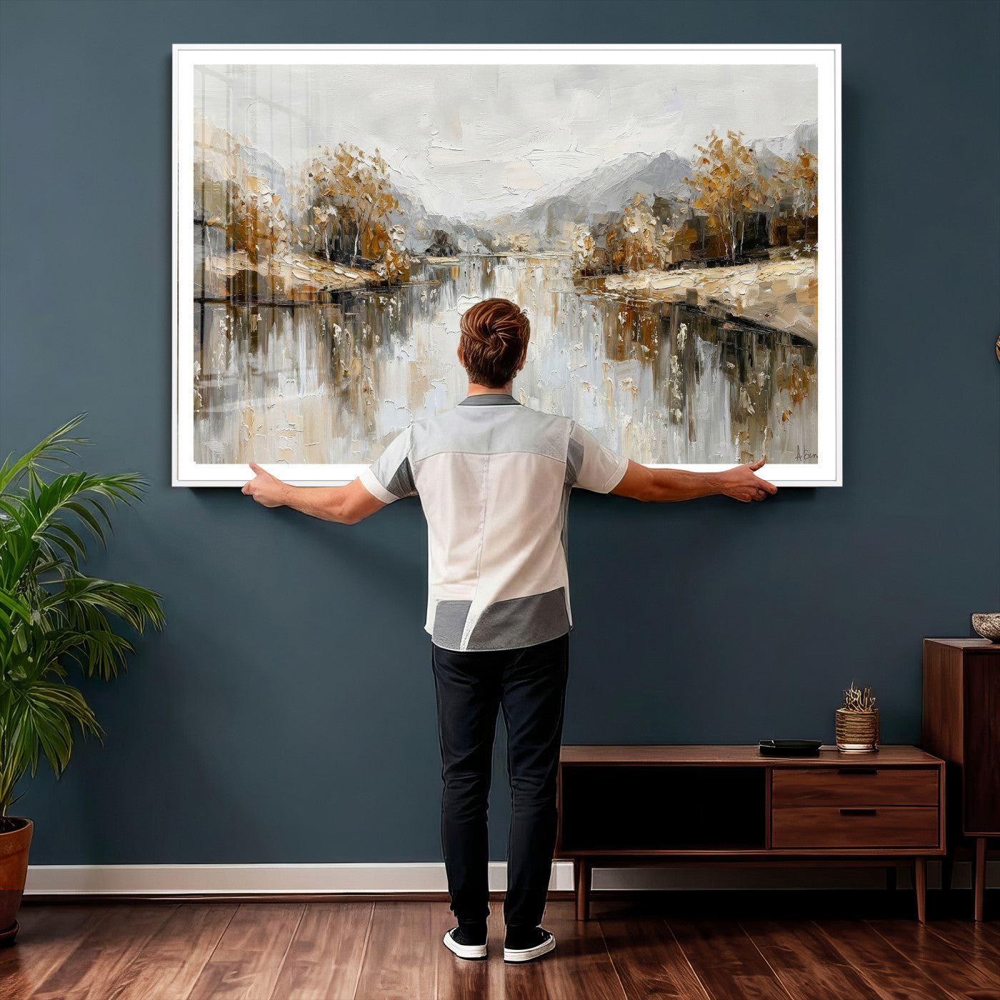 78227690-MGV-CV-36X24 - Neutral Abstract Lake Landscape Wall Art Canvas Print, Modern Minimal River Reflection Canvas Print, Beige Gray Contemporary Nature Art Printing