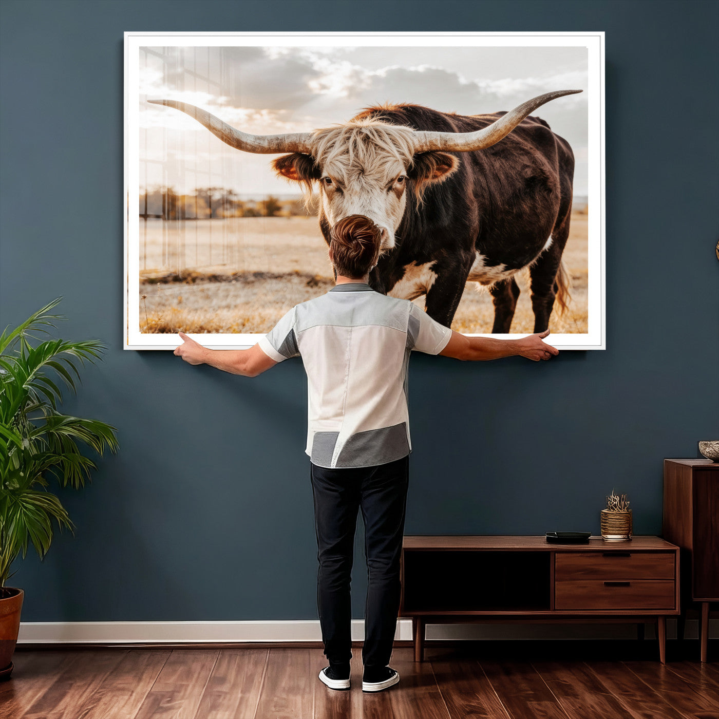 88230279-MGV-CV-36X24 - Texas Longhorn Bull Rustic Wall Art Canvas Print, Western Cattle Photography Canvas Print, Ranch Farm Animal Western Art Printing