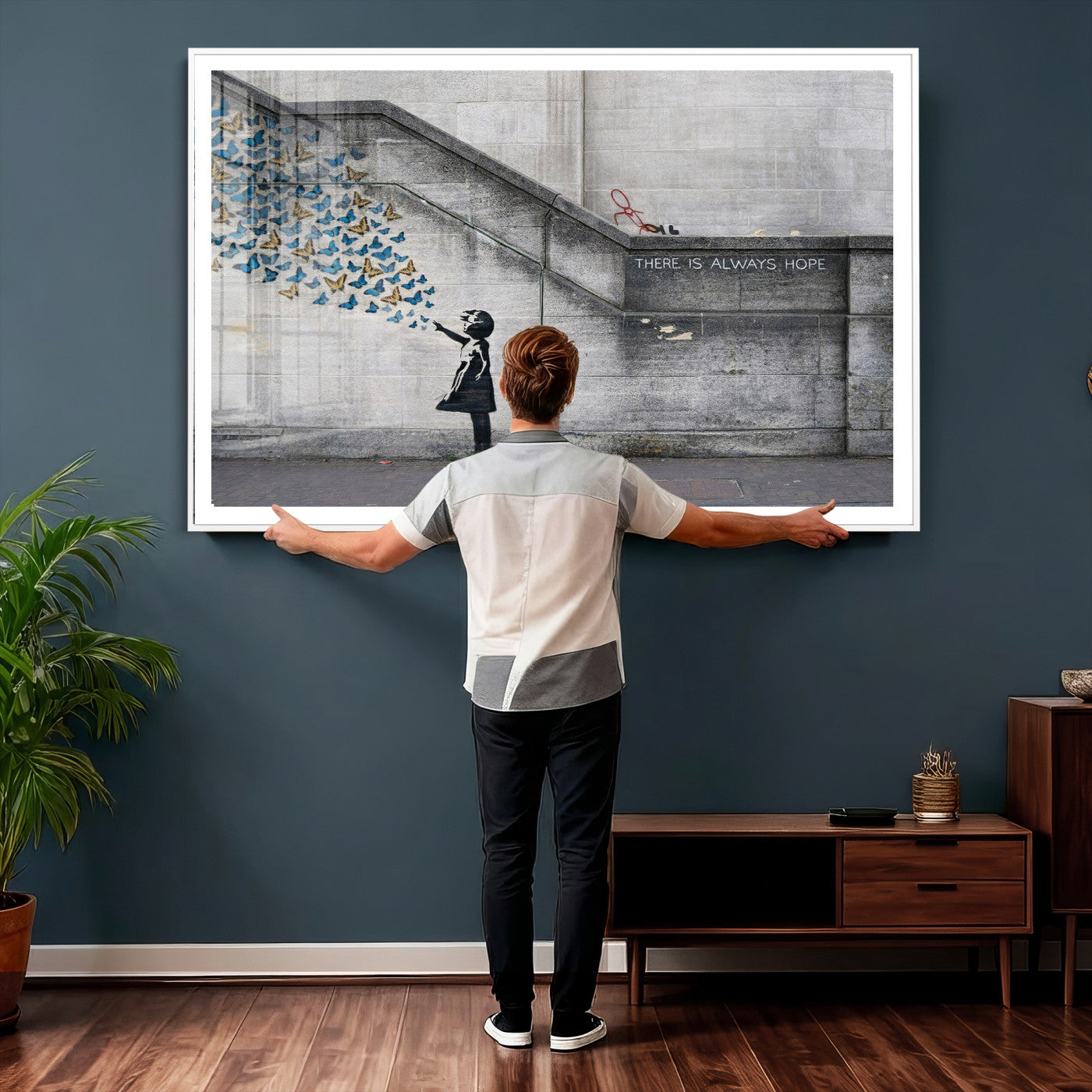 15274223-MGV-CV-36X24 - Banksy Girl with Butterflies Street Art Wall Art Canvas Print, Hope Graffiti Urban Art Canvas Print, Minimalist Inspirational Street Art Contemporary Art Printing