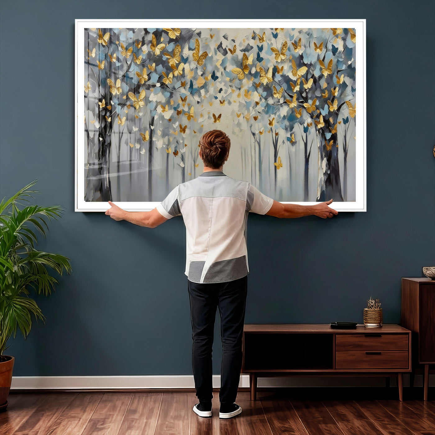 79208191-MGV-CV-36X24 - Golden Butterfly Tree Abstract Wall Art Canvas Print, Modern Elegant Nature Painting Canvas Print, Blue Gold Contemporary Floral Art Printing