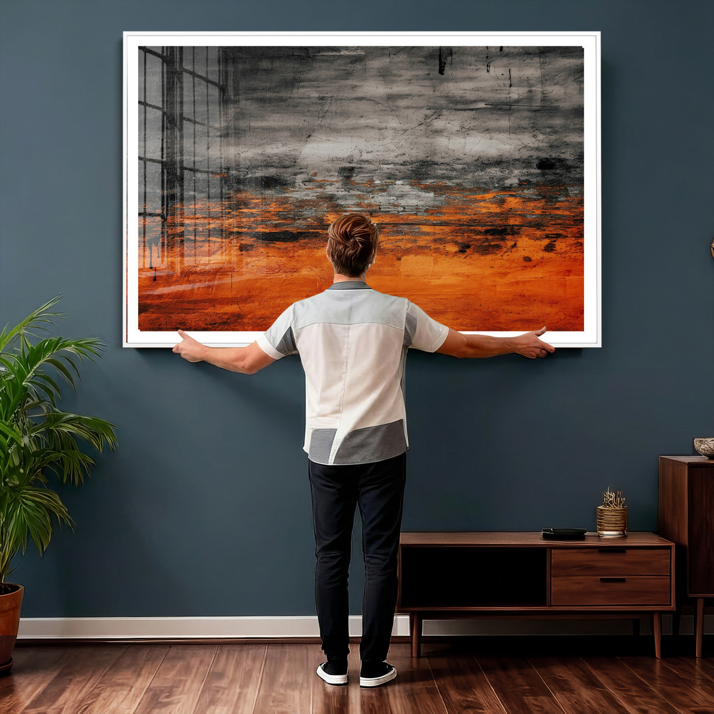 75409282-MGV-CV-36X24 - Black Orange Abstract Wall Art Canvas Print Modern Textured Painting Decor