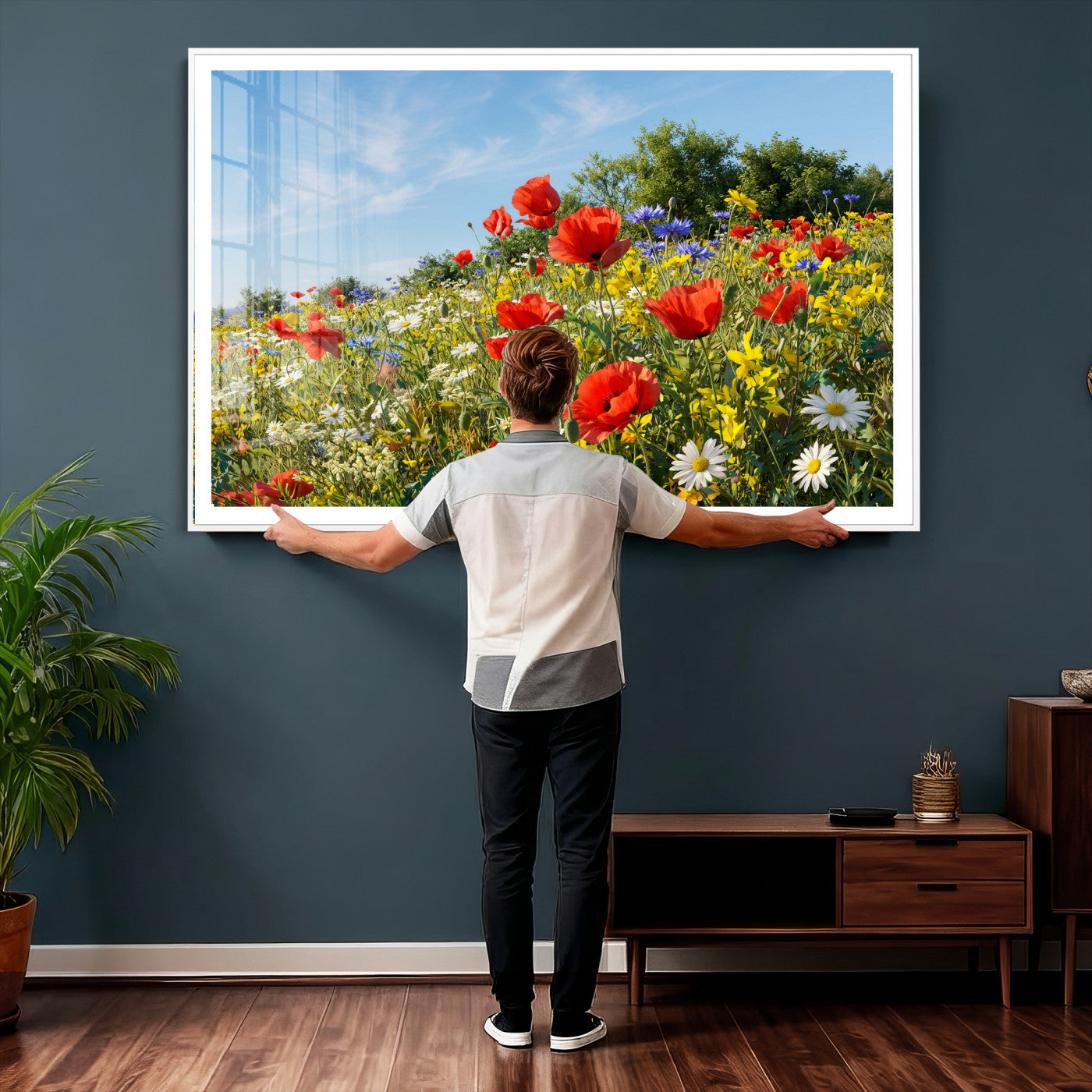 38570784-MGV-CV-36X24 - Wildflower Meadow Wall Art Canvas Print – Colorful Poppy and Daisy Field Landscape Artwork for Living Room Decor