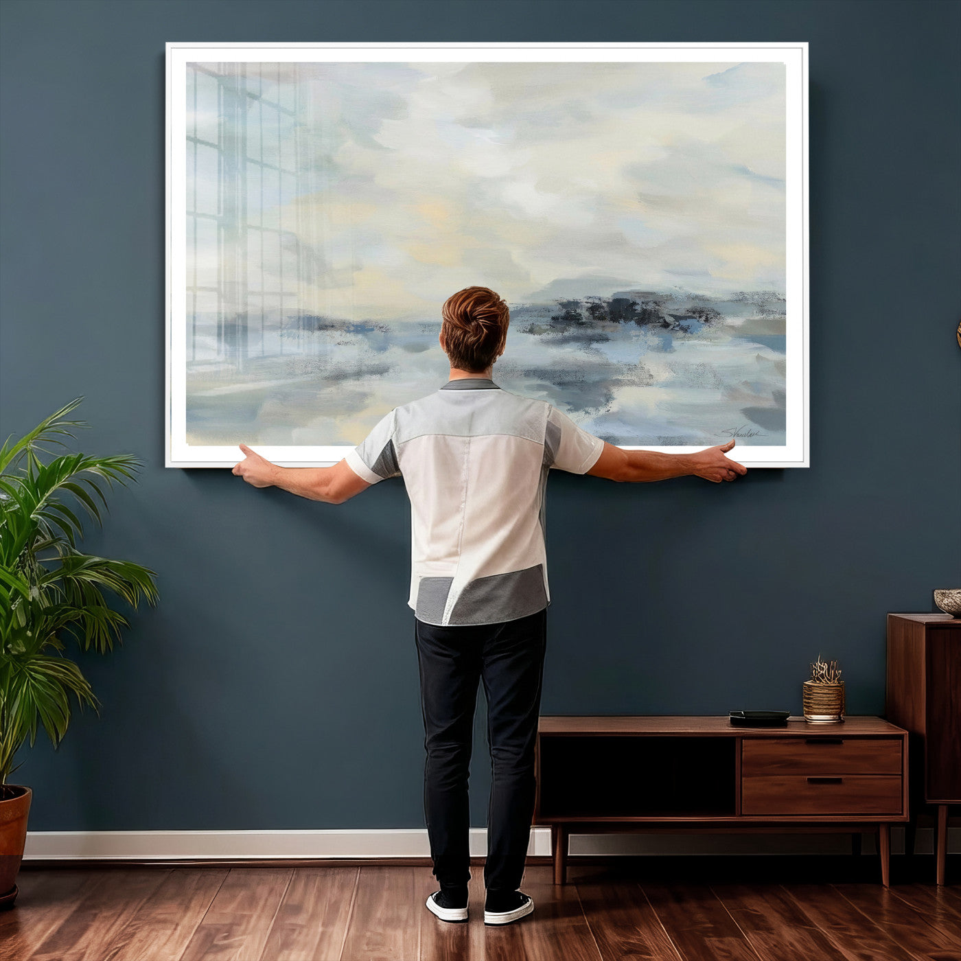 24647355-MGV-CV-36X24 - Abstract Coastal Landscape Wall Art Canvas Print – Soft Blue Gray Minimalist Painting