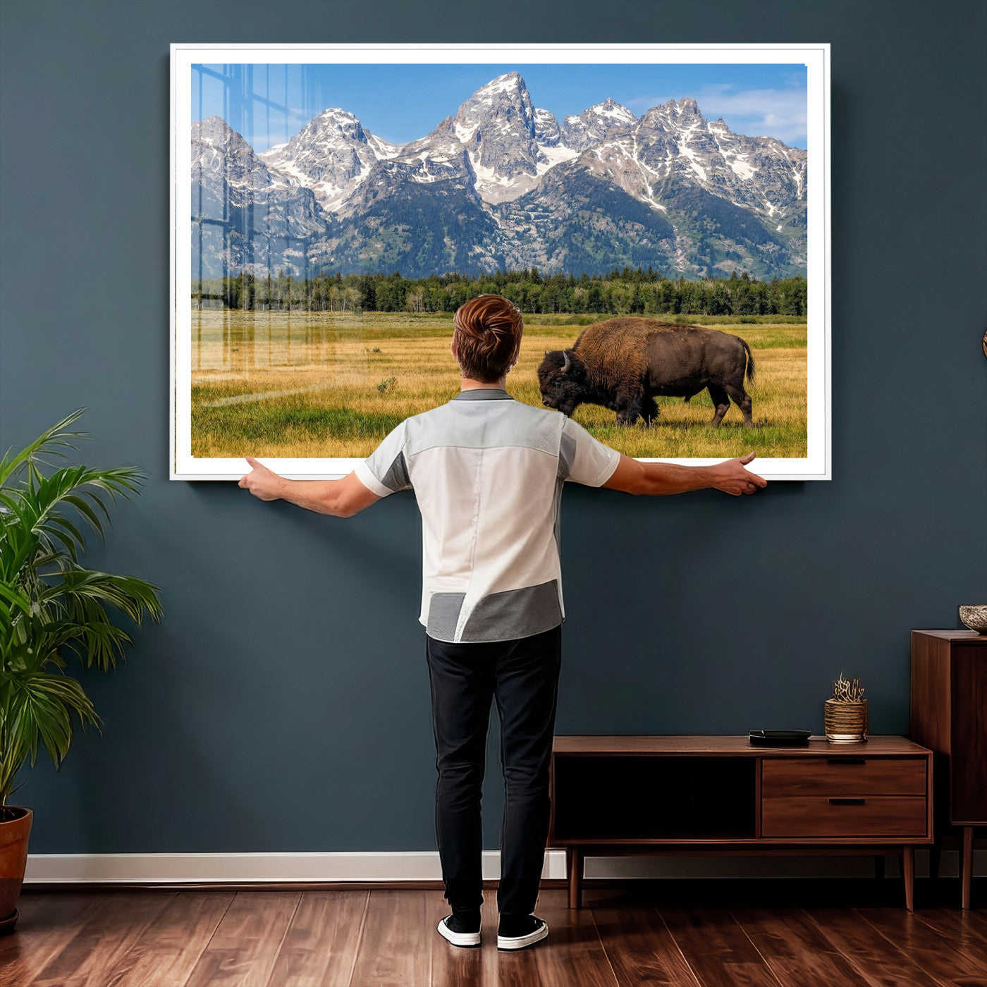 20424529-MGV-CV-36X24 - Bison in Mountain Landscape Wall Art Canvas Print – Western Wildlife Artwork for Rustic Living Room Decor