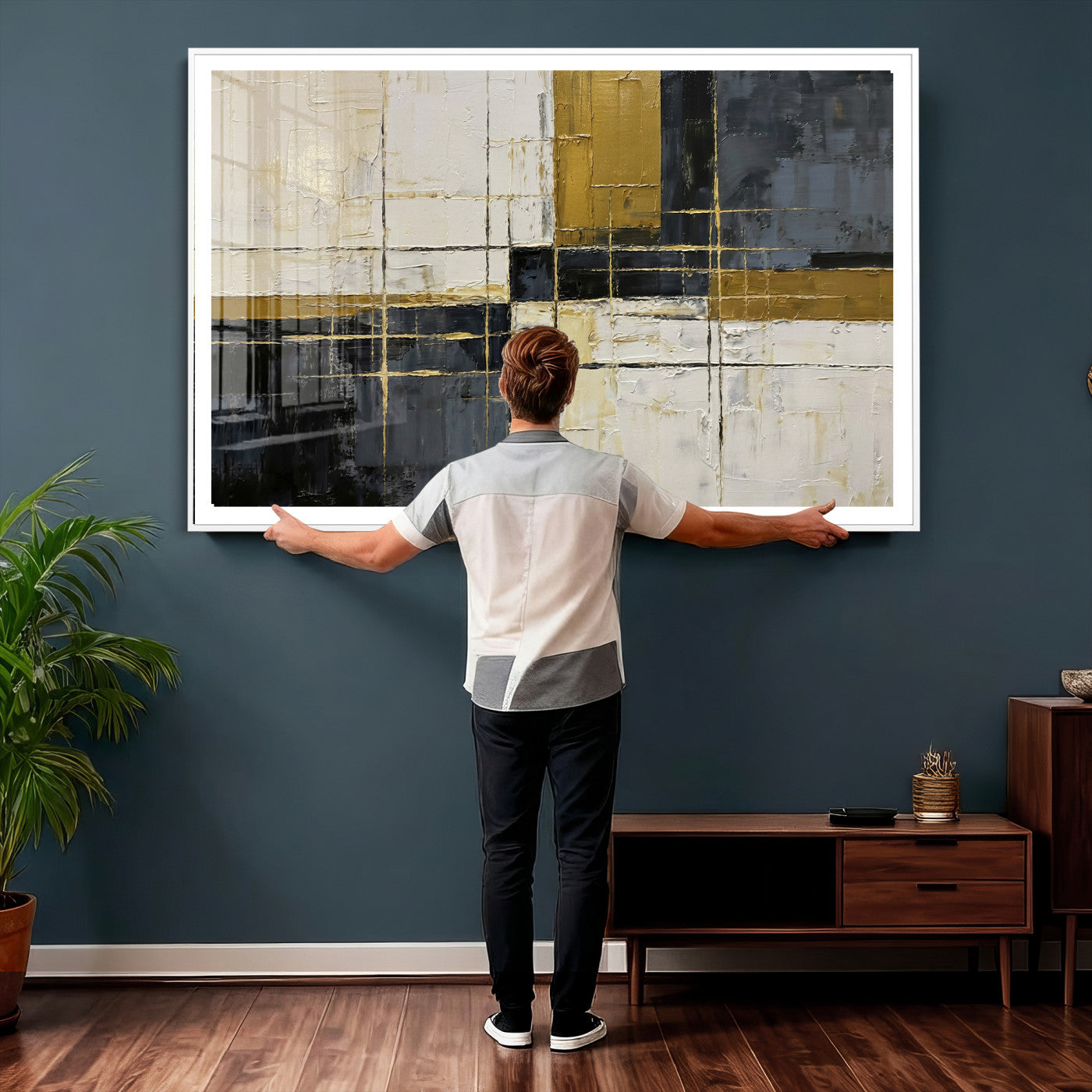 36097945-MGV-CV-36X24 - Abstract Gold and Black Wall Art Canvas Print – Modern Geometric Neutral Artwork for Living Room Decor