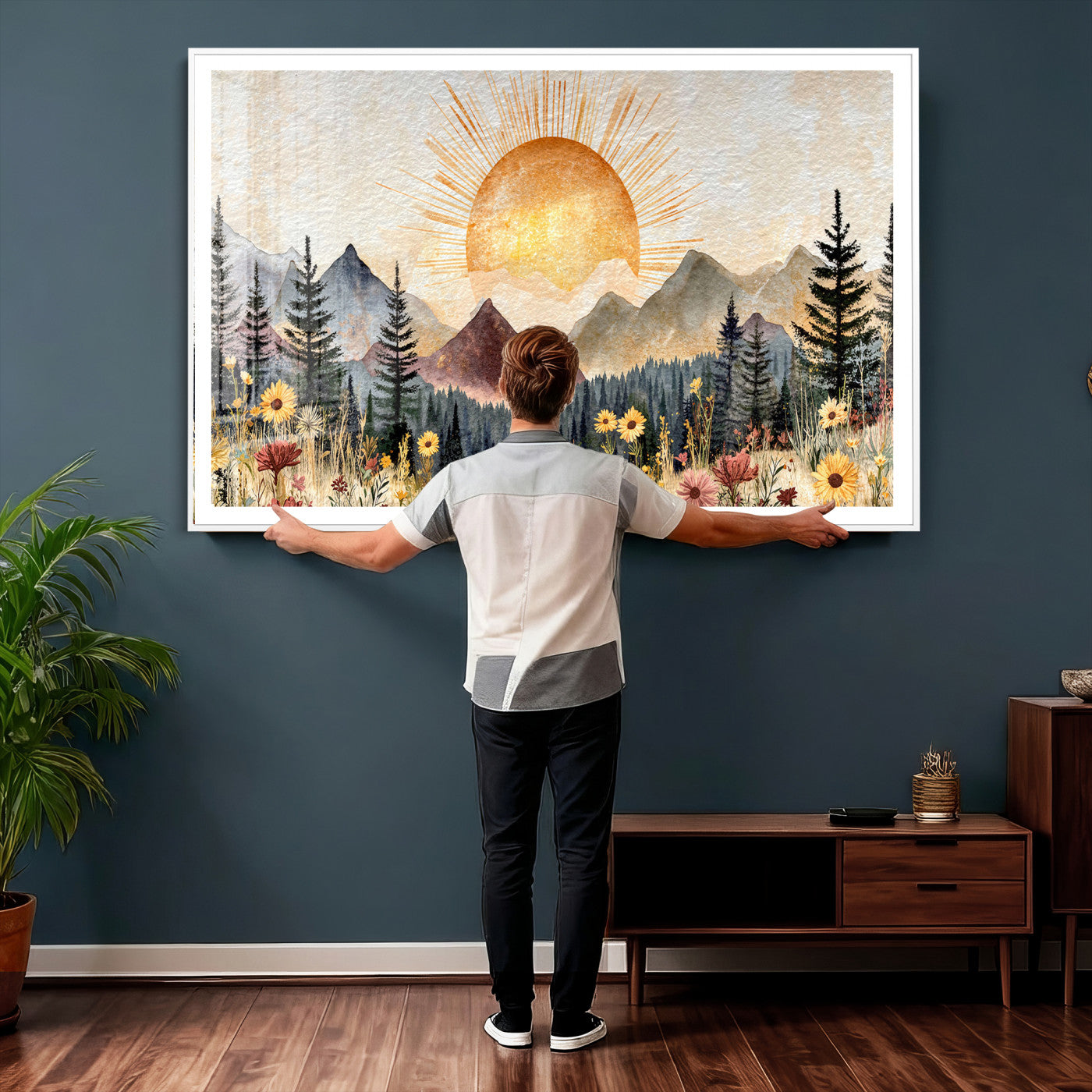 69025244-MGV-CV-36X24 - Boho Mountain Landscape Large Wall Art, Horizontal Gold Framed Canvas Print with Sun and Flowers