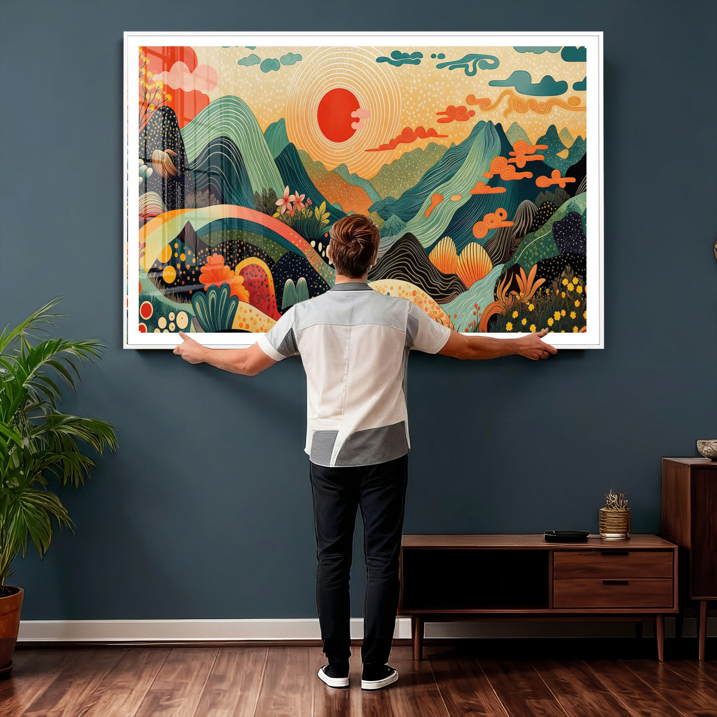 29927191-MGV-CV-36X24 - Yayoi Kusama Boho Mountain Landscape Large Wall Art, Horizontal Gold Framed Canvas Print with Sun and Flowers