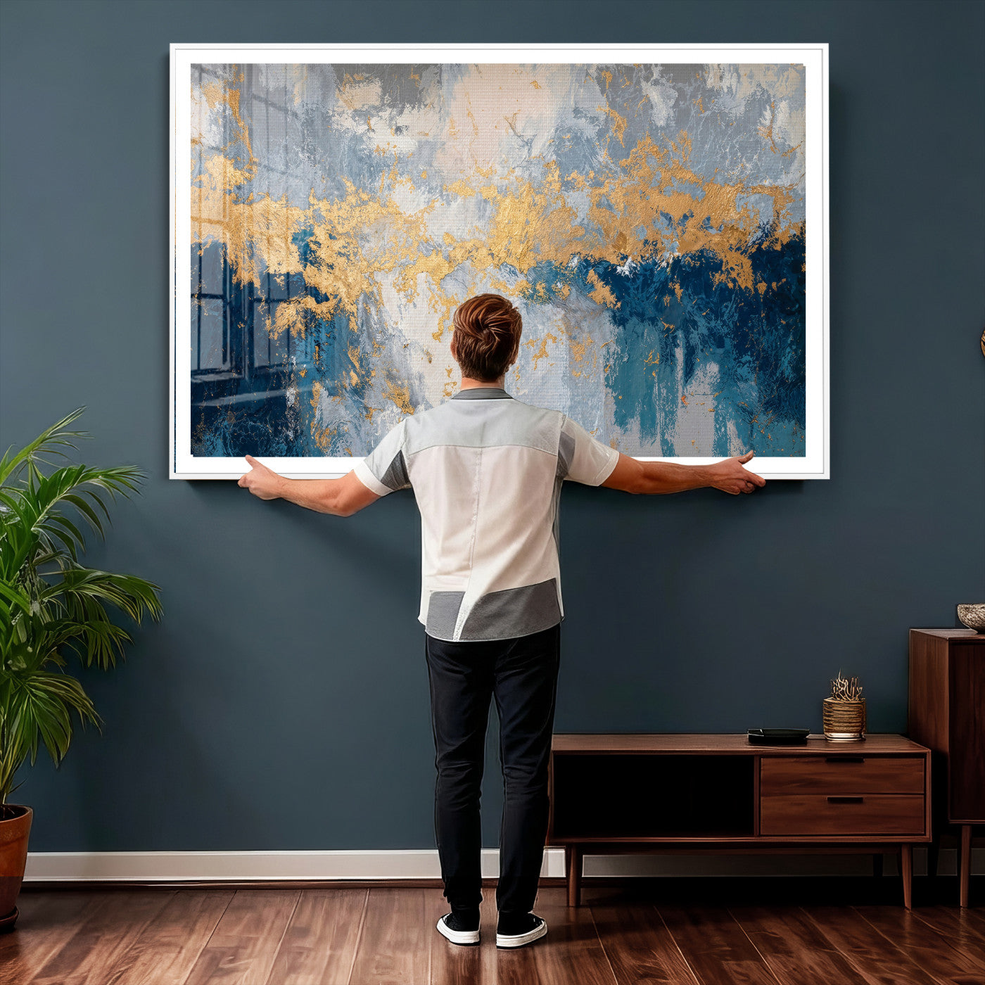 65386119-MGV-CV-36X24 - Blue Gold Abstract Large Framed Canvas Wall Art, Modern Luxury Painting Print in Horizontal Oversized Minimal Wall Decor Artwork
