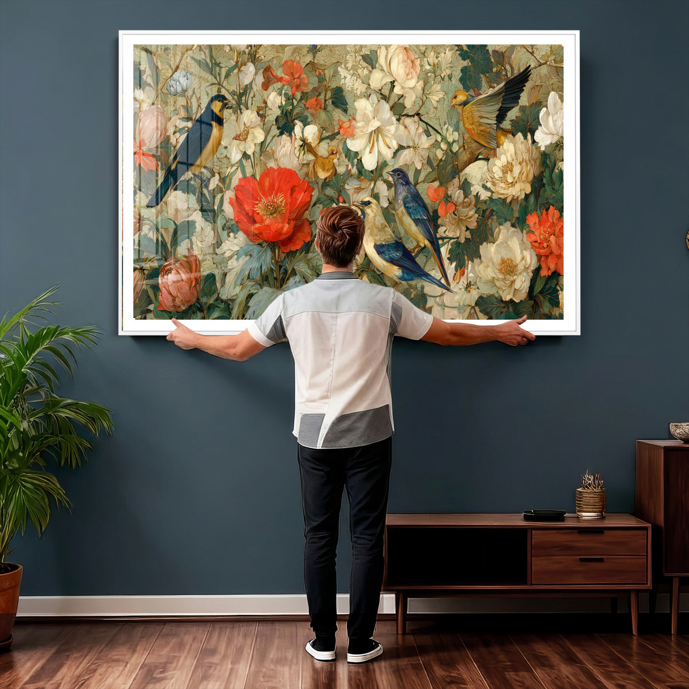52904757-MGV-CV-36X24 - Vintage Birds and Flowers Wall Art Canvas Print, Botanical Bird Painting Canvas Print, Floral Garden Bird Artwork Canvas Print, Classic Bird Flower Painting Canvas Print