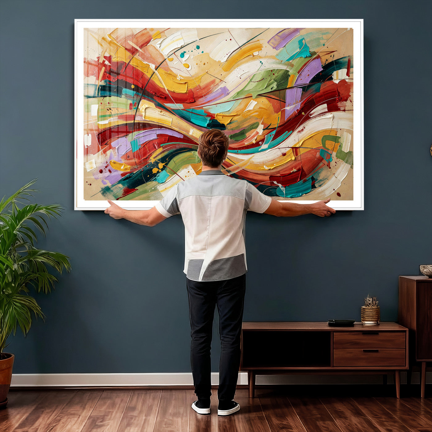 39887645-MGV-CV-36X24 - Geometric Abstract Wall Art Canvas Print, Orange Blue Abstract Expressionist Painting Print, Modern Geometric Abstract Canvas Art