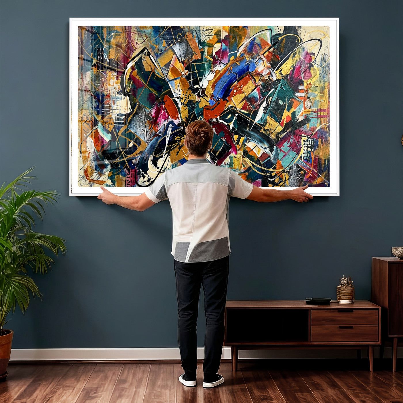 15525527-MGV-CV-36X24 - Geometric Abstract Wall Art Canvas Print, Orange Blue Abstract Expressionist Painting Print, Modern Geometric Abstract Canvas Art