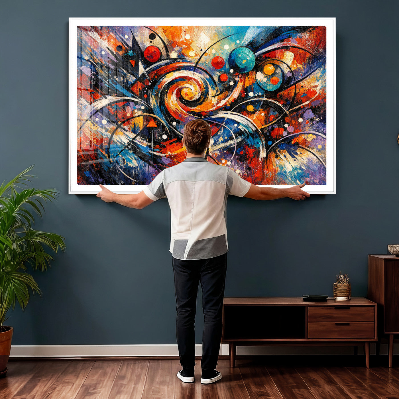 60193267-MGV-CV-36X24 - Geometric Abstract Wall Art Canvas Print, Orange Blue Abstract Expressionist Painting Print, Modern Geometric Abstract Canvas Art