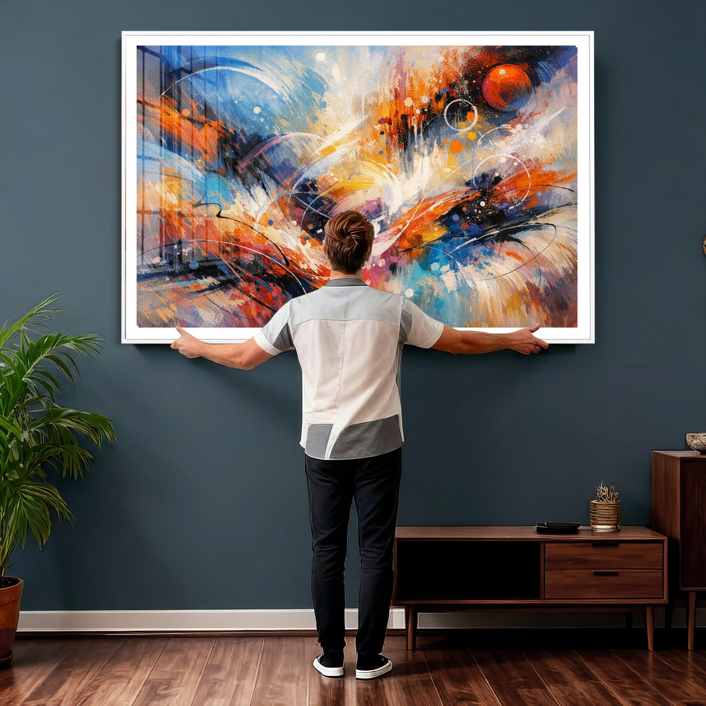 47770355-MGV-CV-36X24 - Geometric Abstract Wall Art Canvas Print, Orange Blue Abstract Expressionist Painting Print, Modern Geometric Abstract Canvas Art