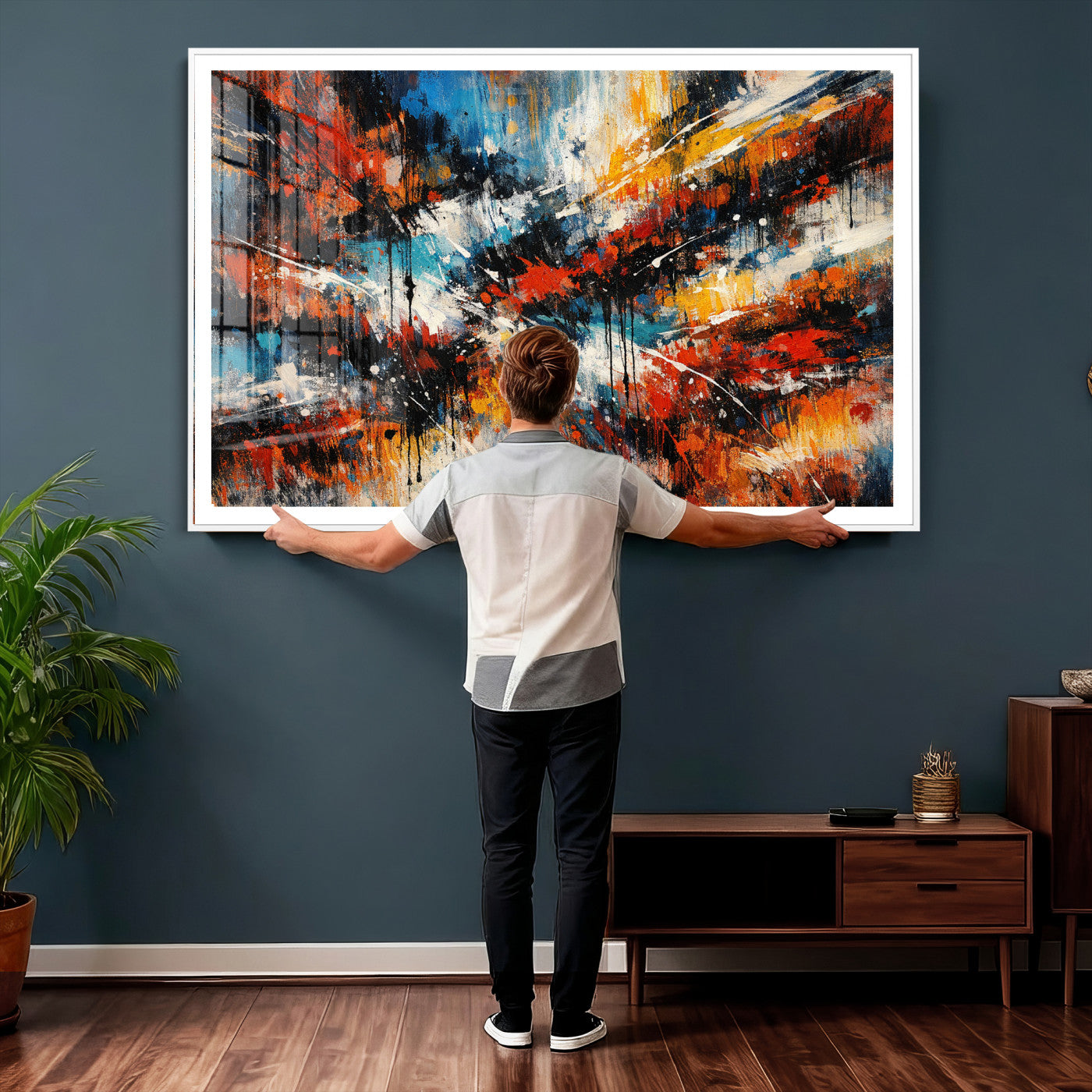80276069-MGV-CV-36X24 - Geometric Abstract Wall Art Canvas Print, Orange Blue Abstract Expressionist Painting Print, Modern Geometric Abstract Canvas Art