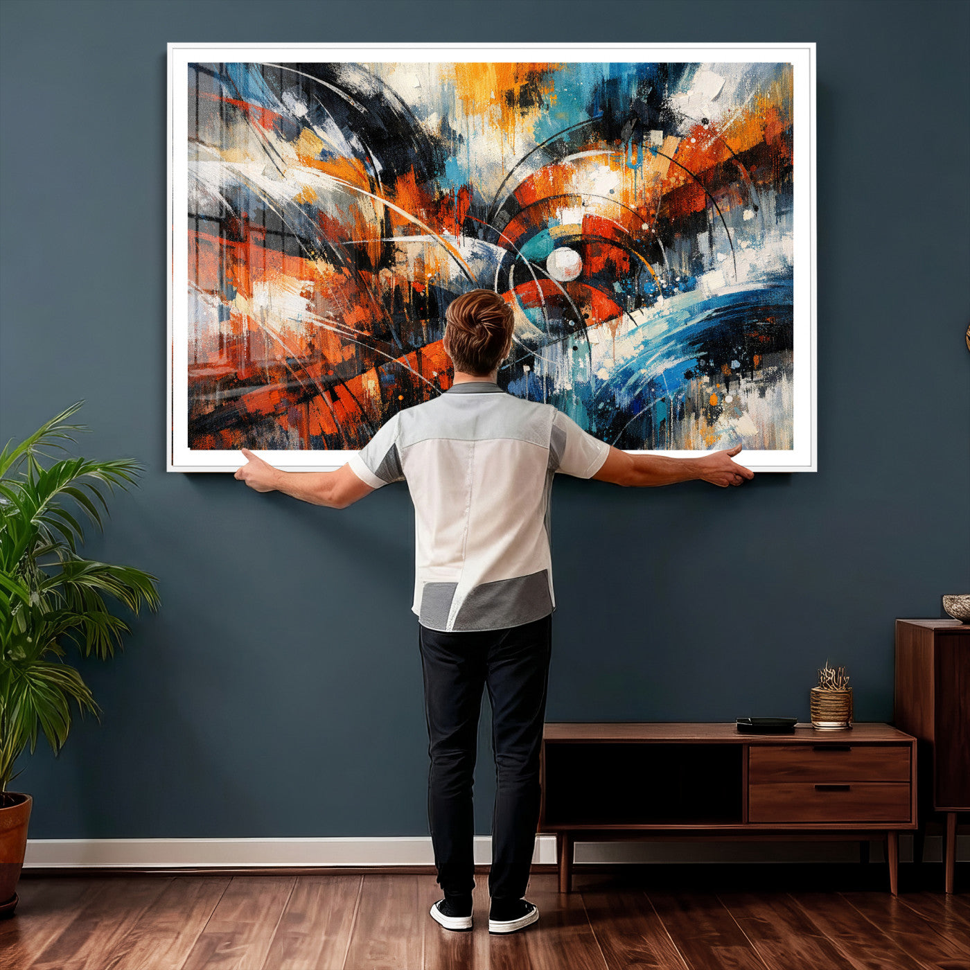 47120691-MGV-CV-36X24 - Geometric Abstract Wall Art Canvas Print, Orange Blue Abstract Expressionist Painting Print, Modern Geometric Abstract Canvas Art