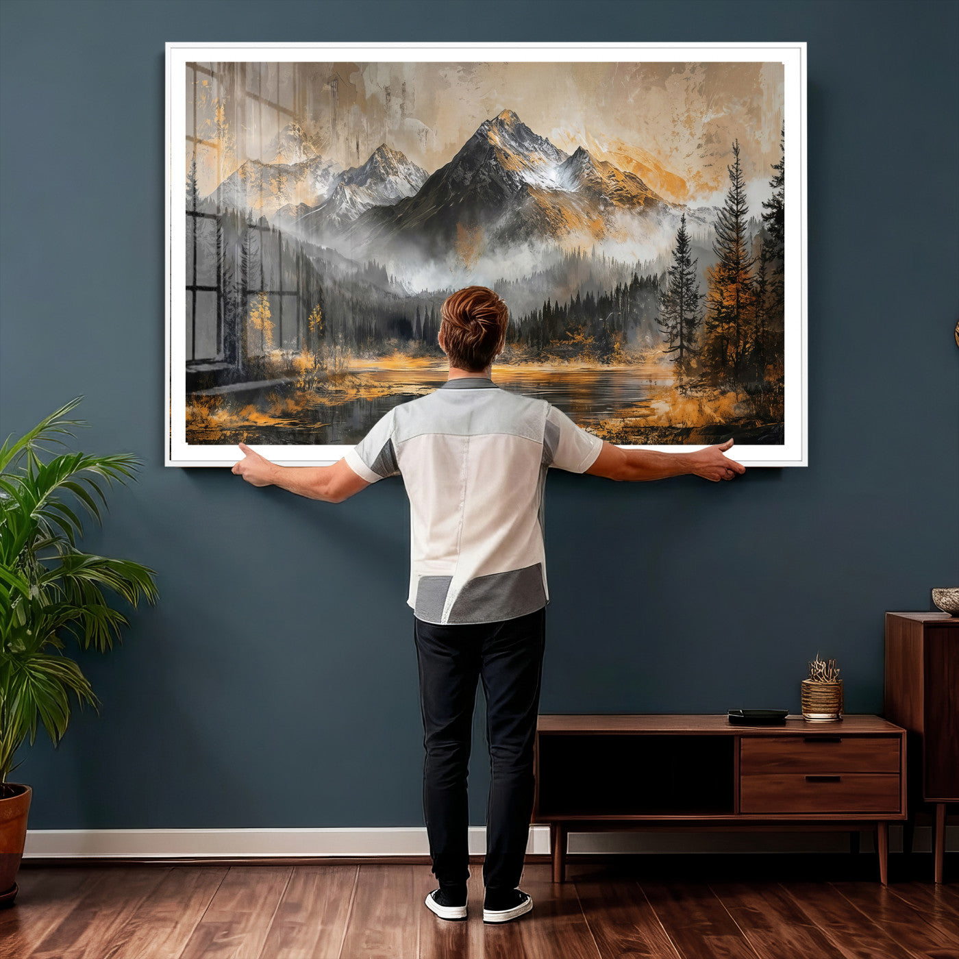 4712069D1-MGV-CV-36X24 - Mountain Lake Canvas Wall Art — Rustic Forest Landscape Print | Gold Grey Nature Decor | Cabin Wall Art | Large Wilderness Art Print Gift