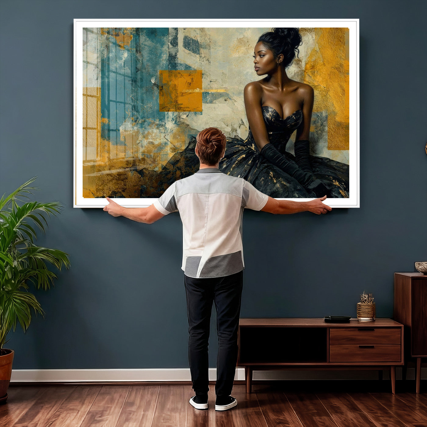 4712069Z21-MGV-CV-36X24 - Elegant Woman Canvas Wall Art — Black Gold Gown Fashion Print | Luxury Glam Wall Decor | African American Art | Bold Bedroom Wall Art Gift