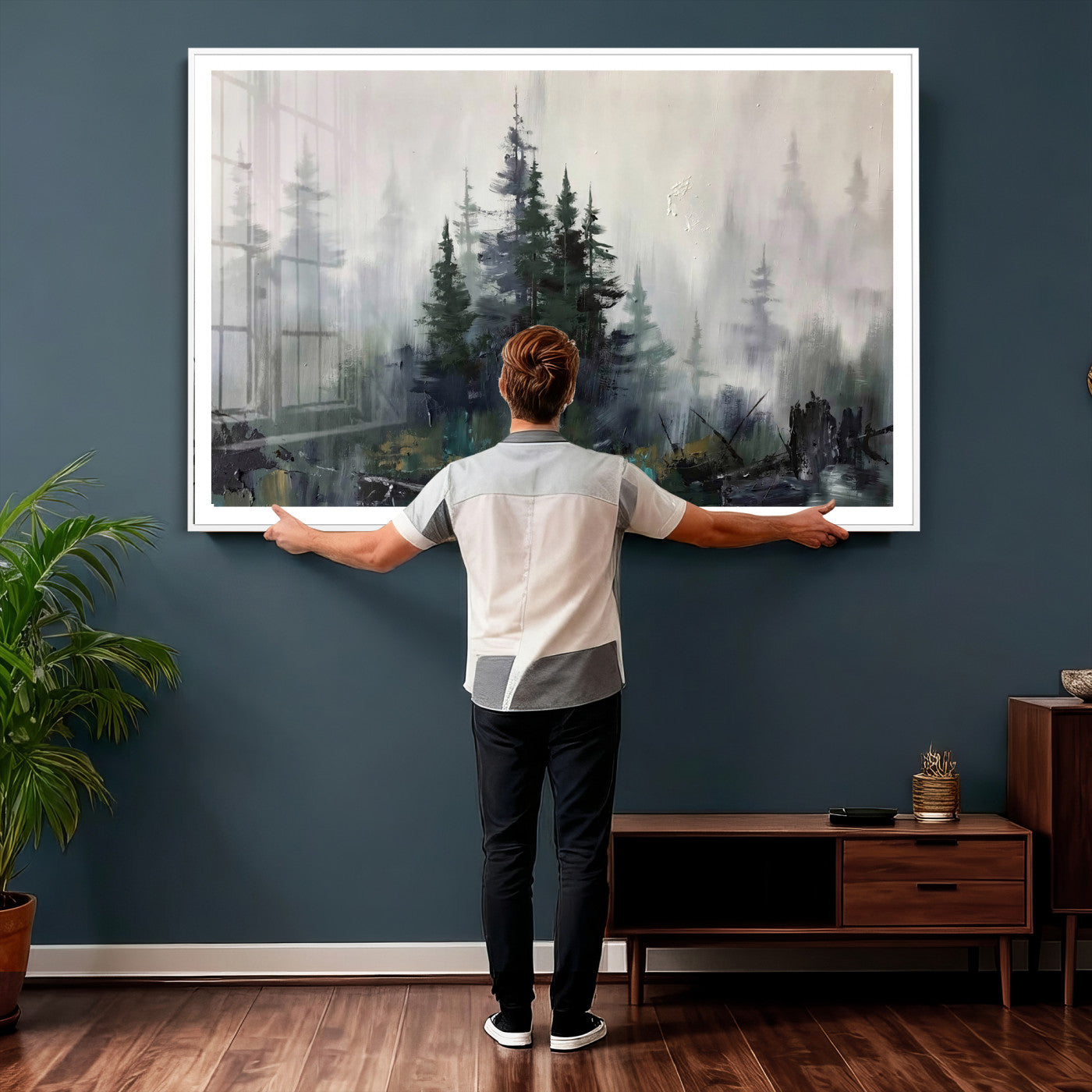 94143325-MGV-CV-36X24 - Misty Pine Forest Oil Painting Canvas — Dark Moody Teal Grey Tree Print | Japandi Scandinavian Wall Art | Minimalist Nature Decor Gift