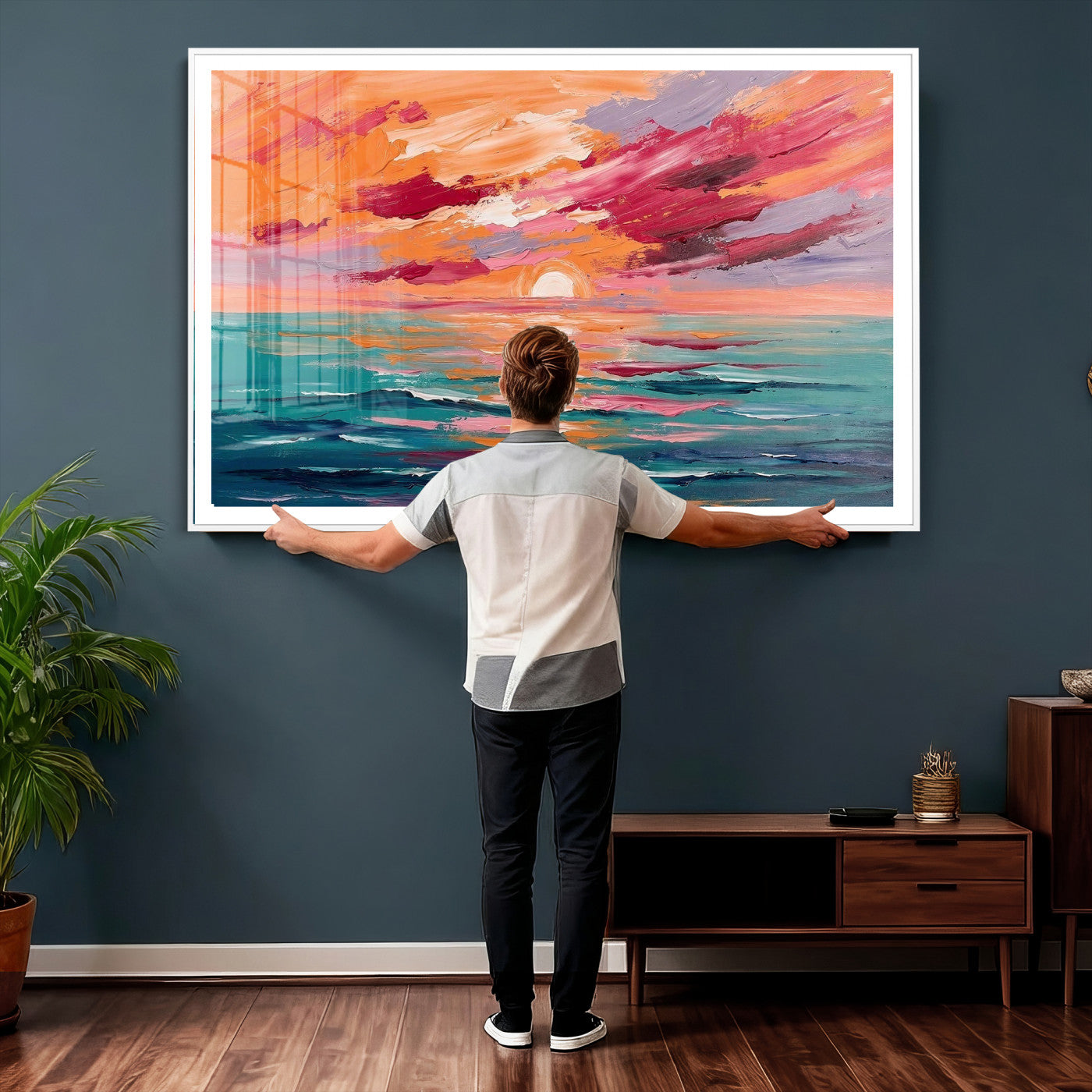 26763902-MGV-CV-36X24 - Bold Palette Knife Ocean Sunset Canvas — Orange Pink Teal Expressionist Sea Print | Colorful Coastal Wall Art | Vibrant Beach Decor Gift