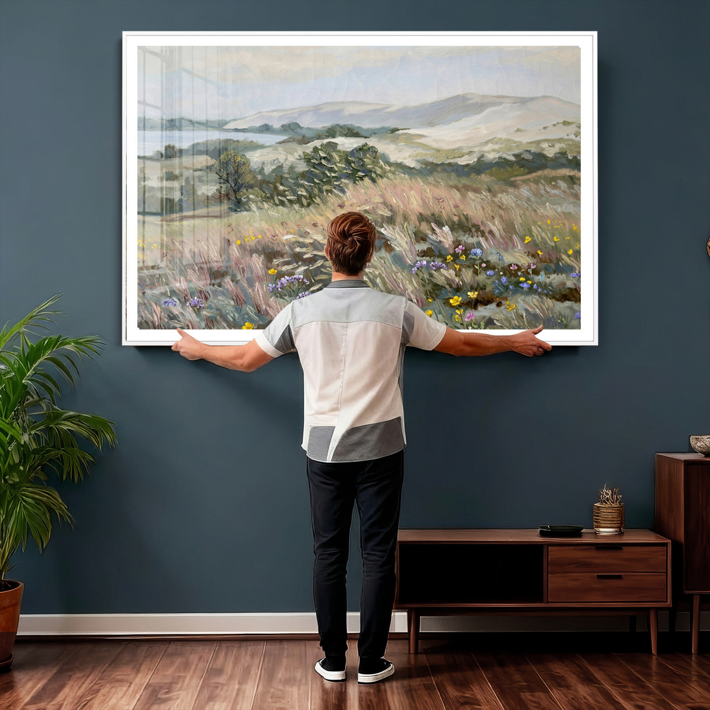 18013232-MGV-CV-36X24 - Katie Staples Hillside Canvas Wall Art — Coastal Wildflower Dune Oil Painting Print | Muted Green Nature Decor | Plein Air Landscape Gift