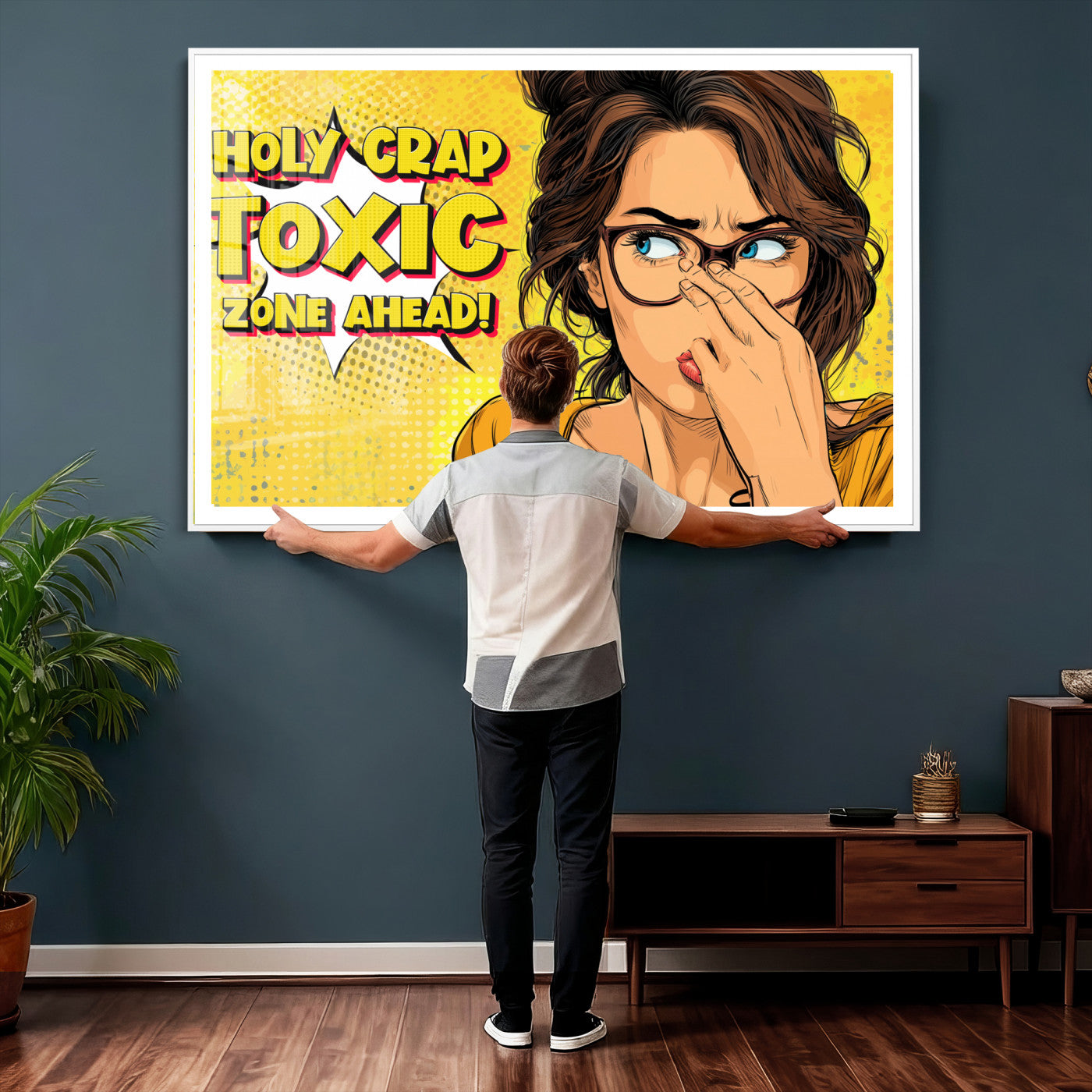 96263876-MGV-CV-36X24 - Pop Art Print Bathroom Sign Wall Art Canvas Print — Funny Bathroom Canvas | Comic Style Toilet Wall Decor | Humor Gift | Yellow Bold Bathroom Art