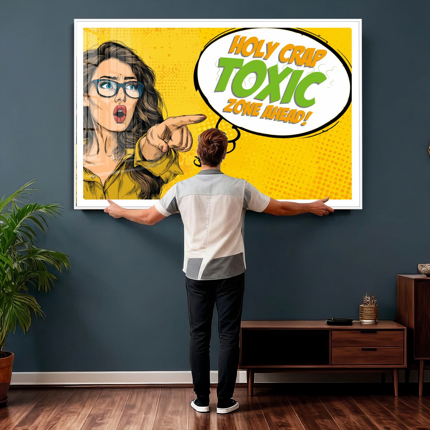 79156505-MGV-CV-36X24 - Pop Art Print Bathroom Sign Wall Art Canvas Print — Funny Bathroom Canvas | Comic Style Toilet Wall Decor | Humor Gift | Yellow Bold Bathroom Art