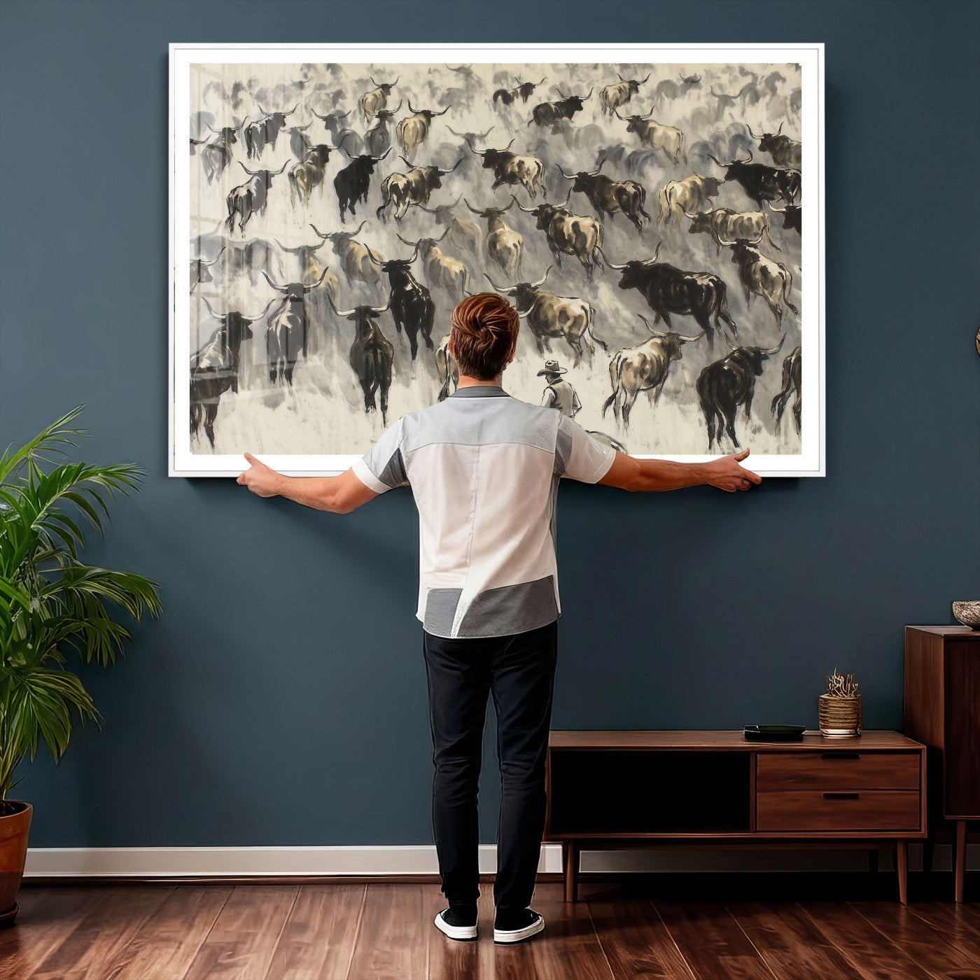 48049876-MGV-CV-36X24 - Cowboy Cattle Drive Canvas Wall Art, Western Longhorn Herd Ink Painting Print, Ranch Rodeo Decor, Black White Western Art, Large Living Room Art