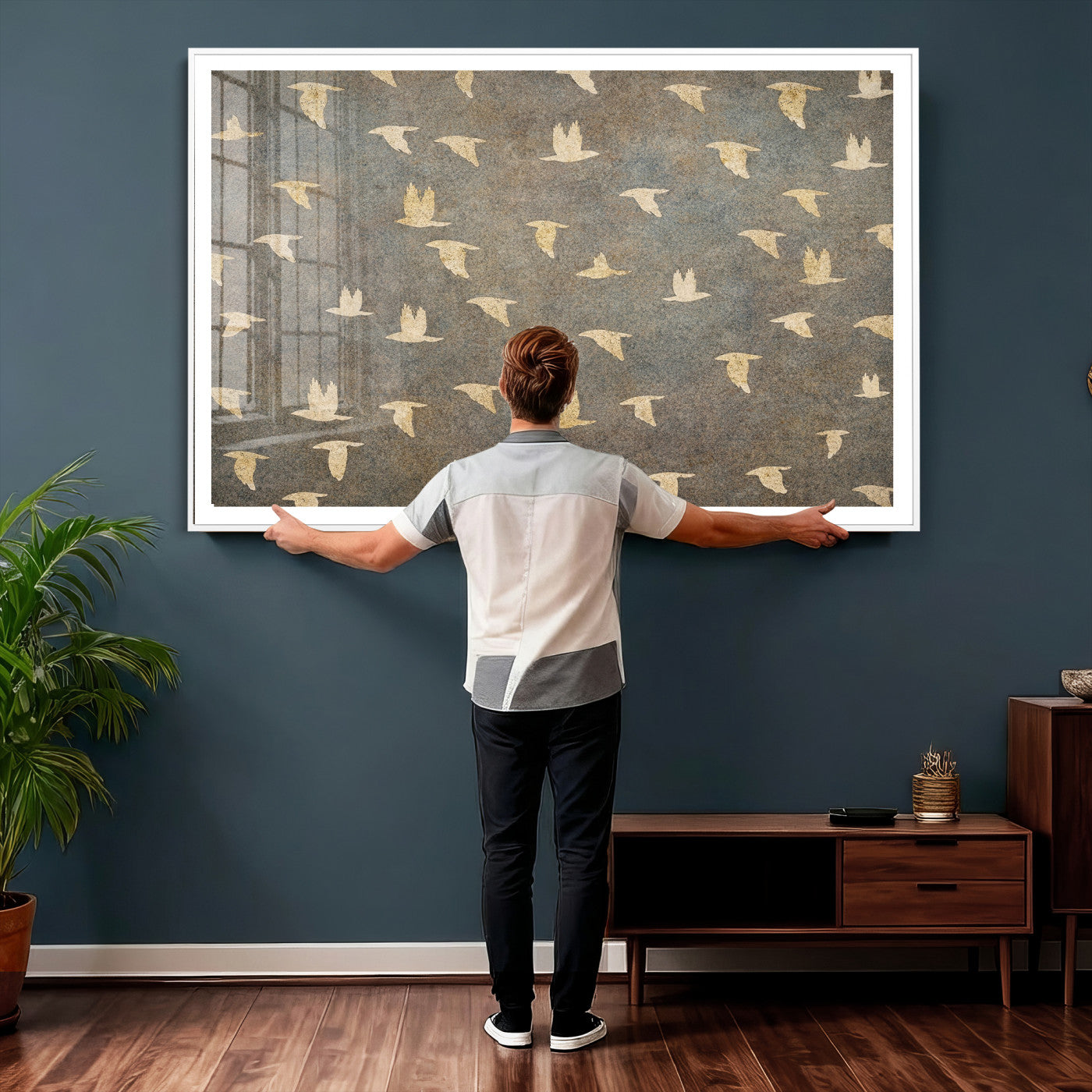 74076164-MGV-CV-36X24 - Flying Birds Canvas Wall Art, Vintage Bird Flock Pattern Print, Grey Gold Abstract Nature Decor, Rustic Bird Silhouette Art, Boho Living Room Decor